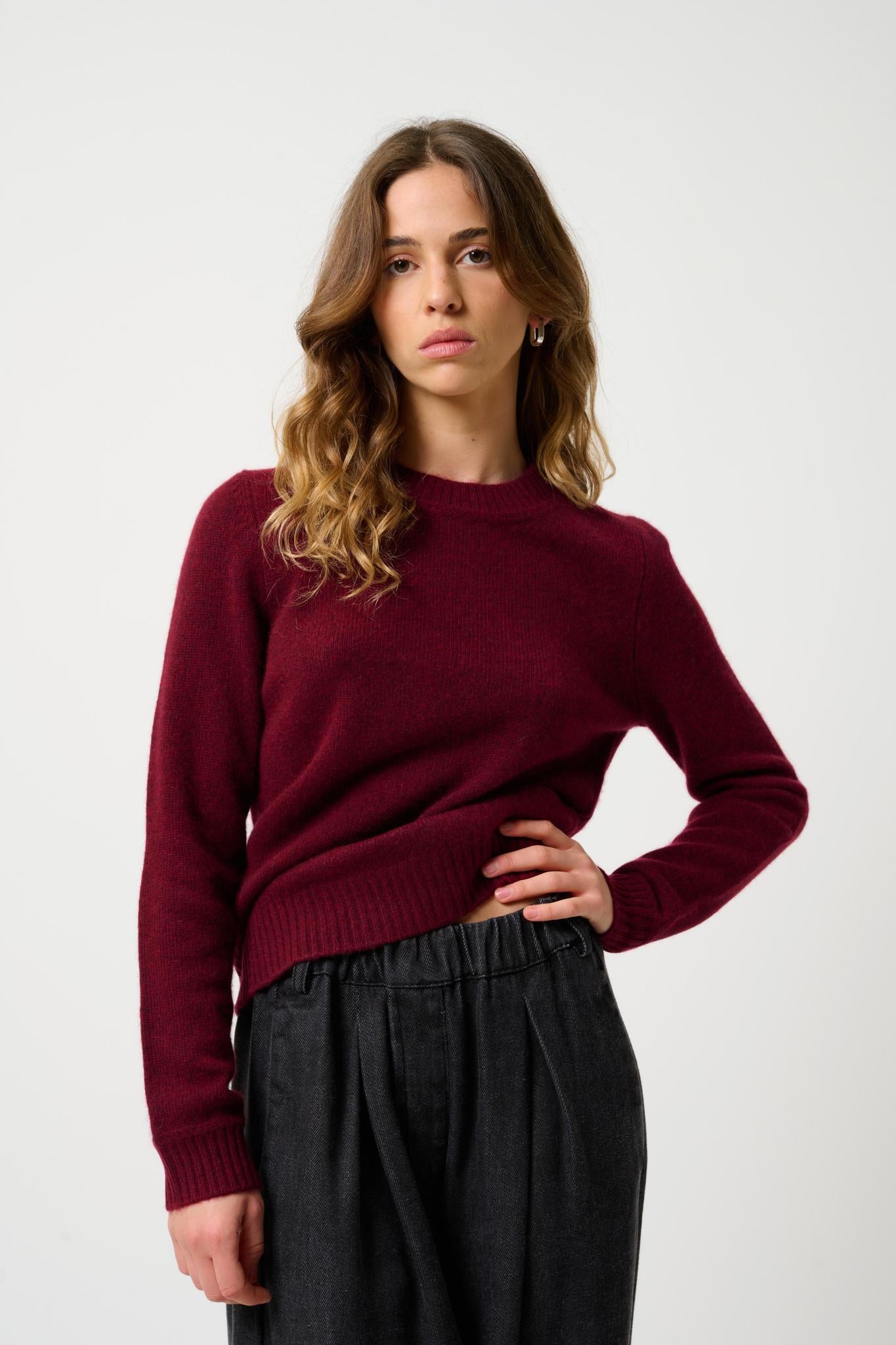 JETSAN 4-thread cranberry mottled round-neck sweater 100% cashmere