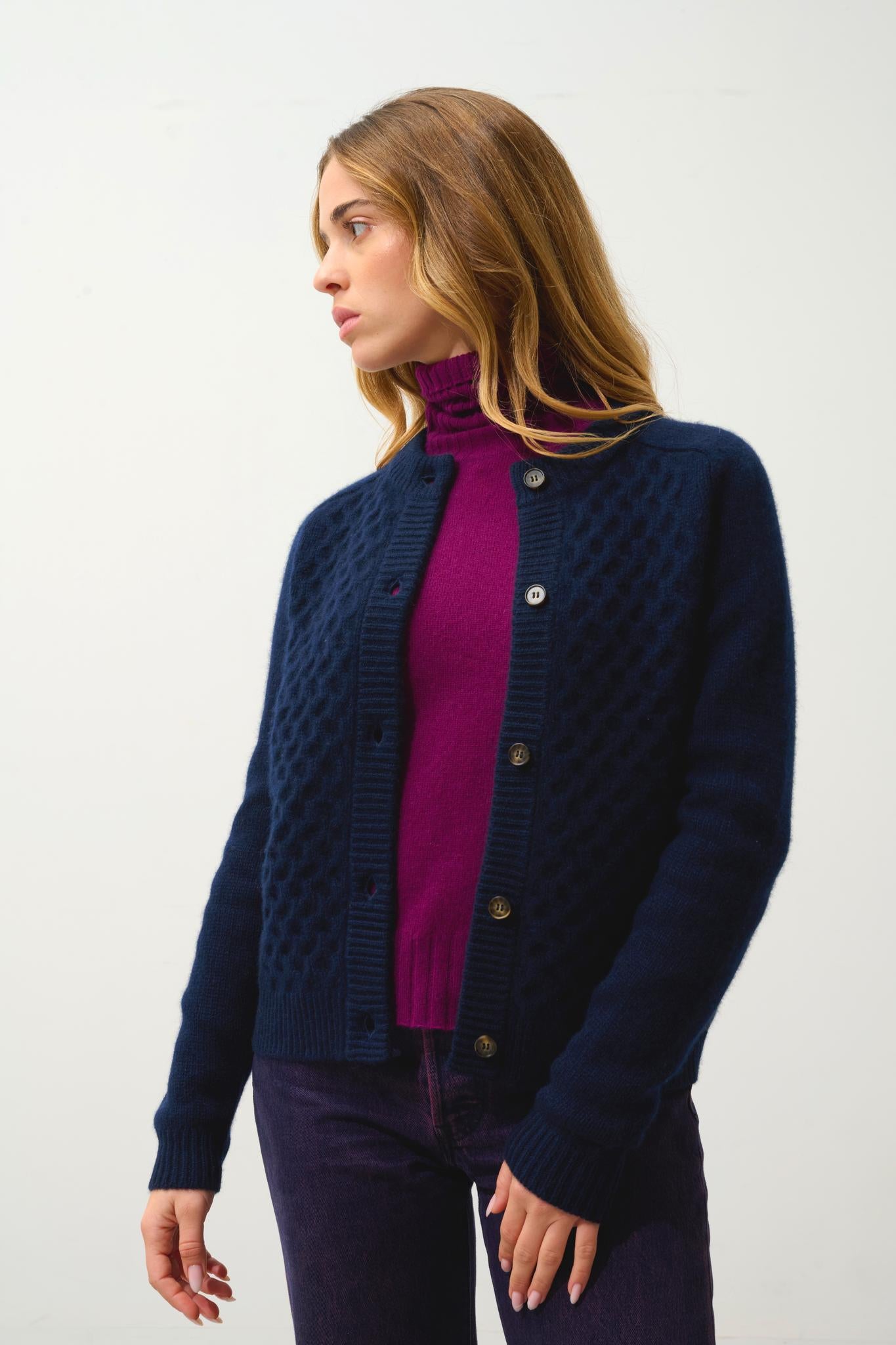 JINPA cardigan col rond 8 fils navy 100% cachemire