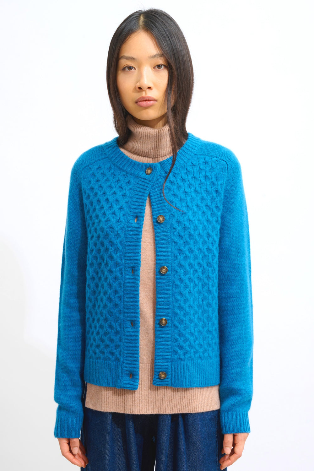 jinpa cardigan col rond 8 fils paon 100% cachemire