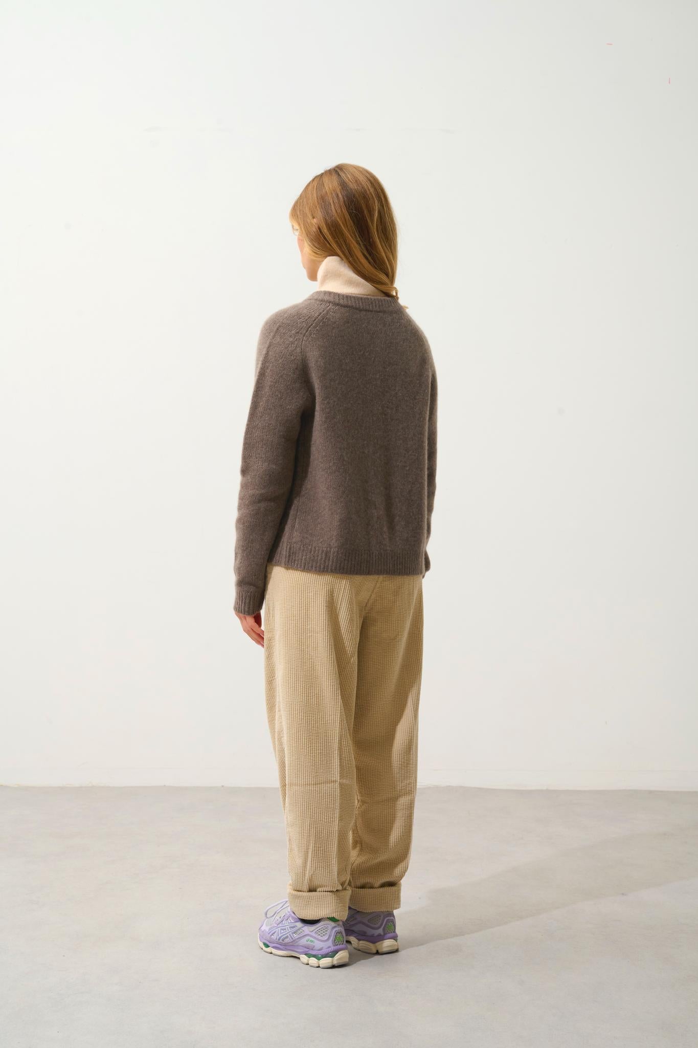 JINPA cardigan col rond 8 fils taupe chiné 100% cachemire