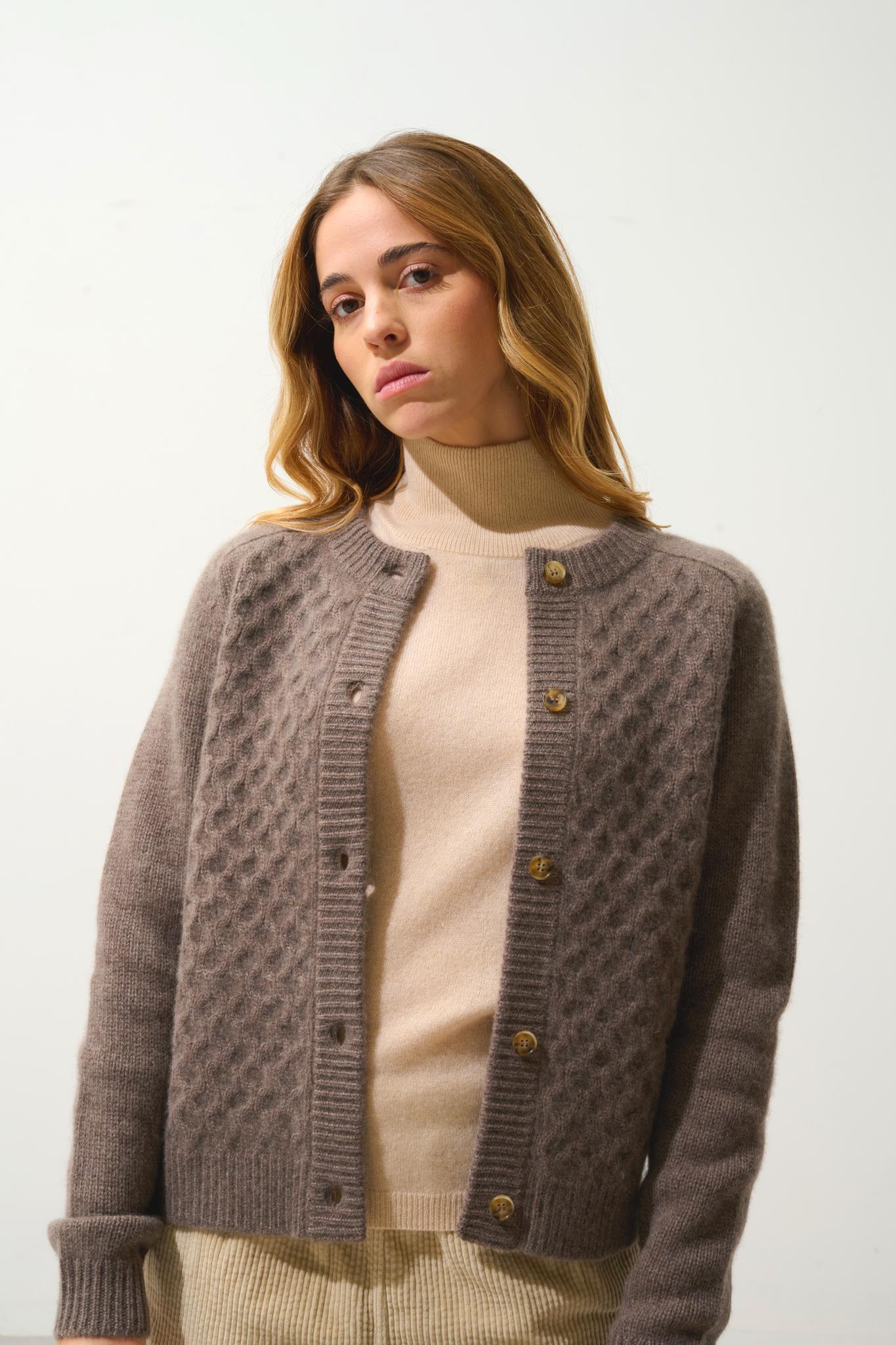 JINPA cardigan col rond 8 fils taupe chiné 100% cachemire
