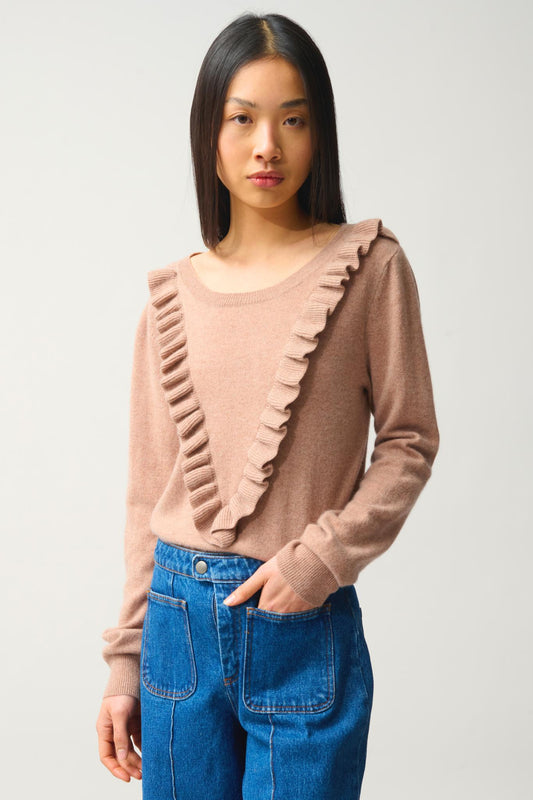 KNOTT pull col rond volants devant camel chiné 100% cachemire