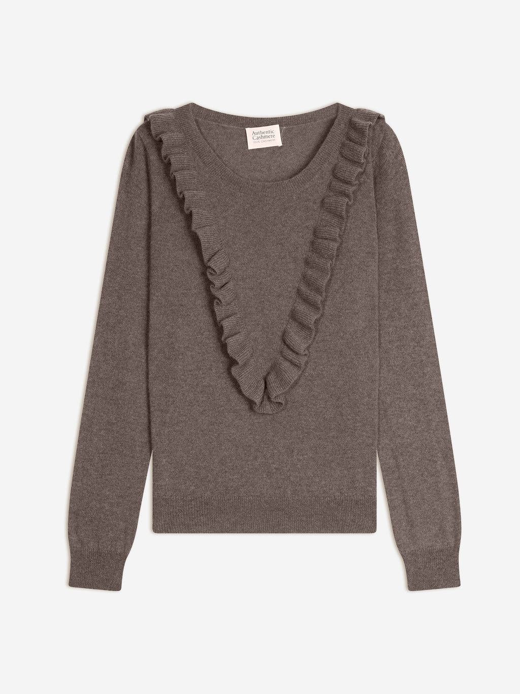 KNOTT pull col rond volants devant taupe chiné 100% cachemire