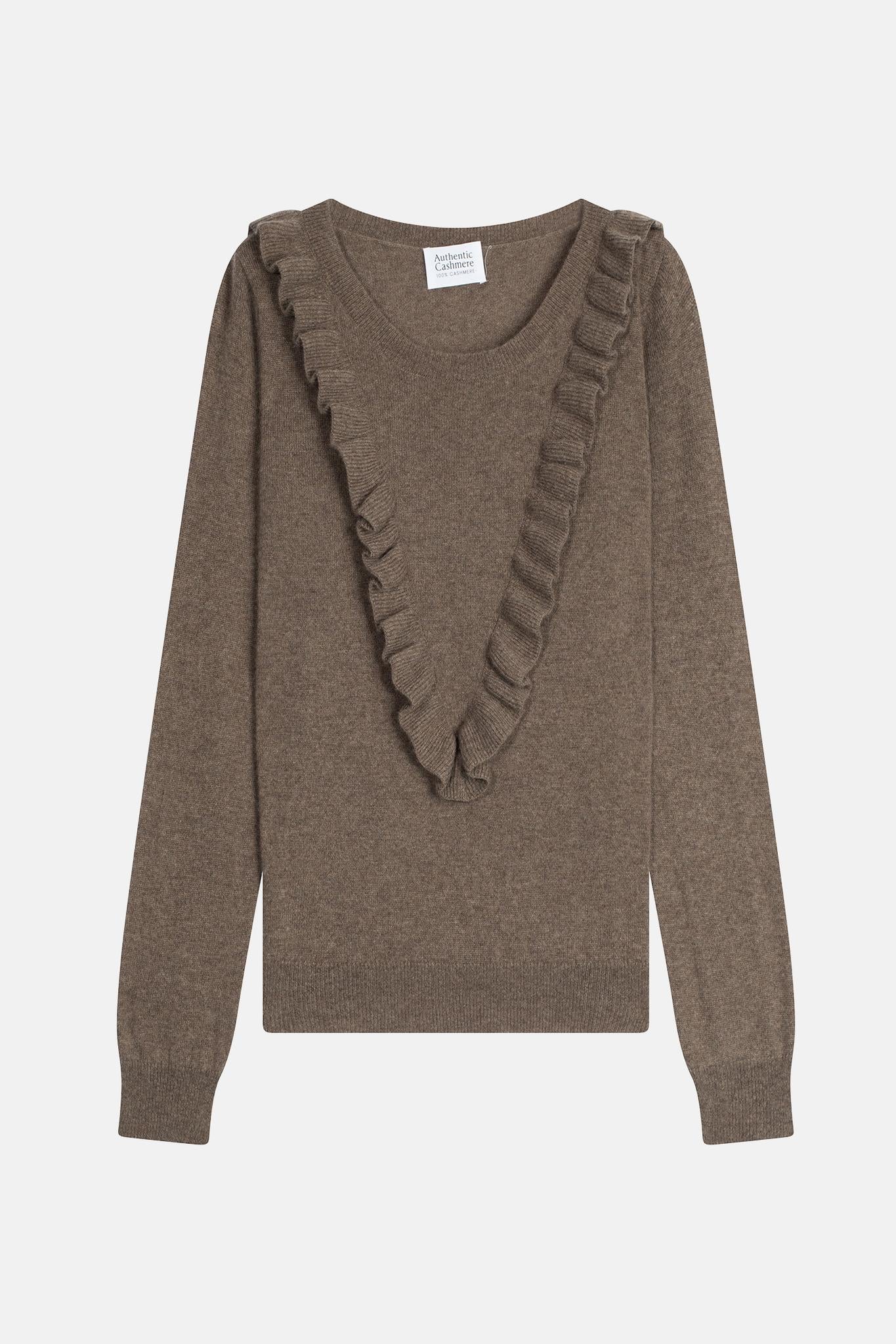 KNOTT pull col rond volants devant taupe chiné 100% cachemire