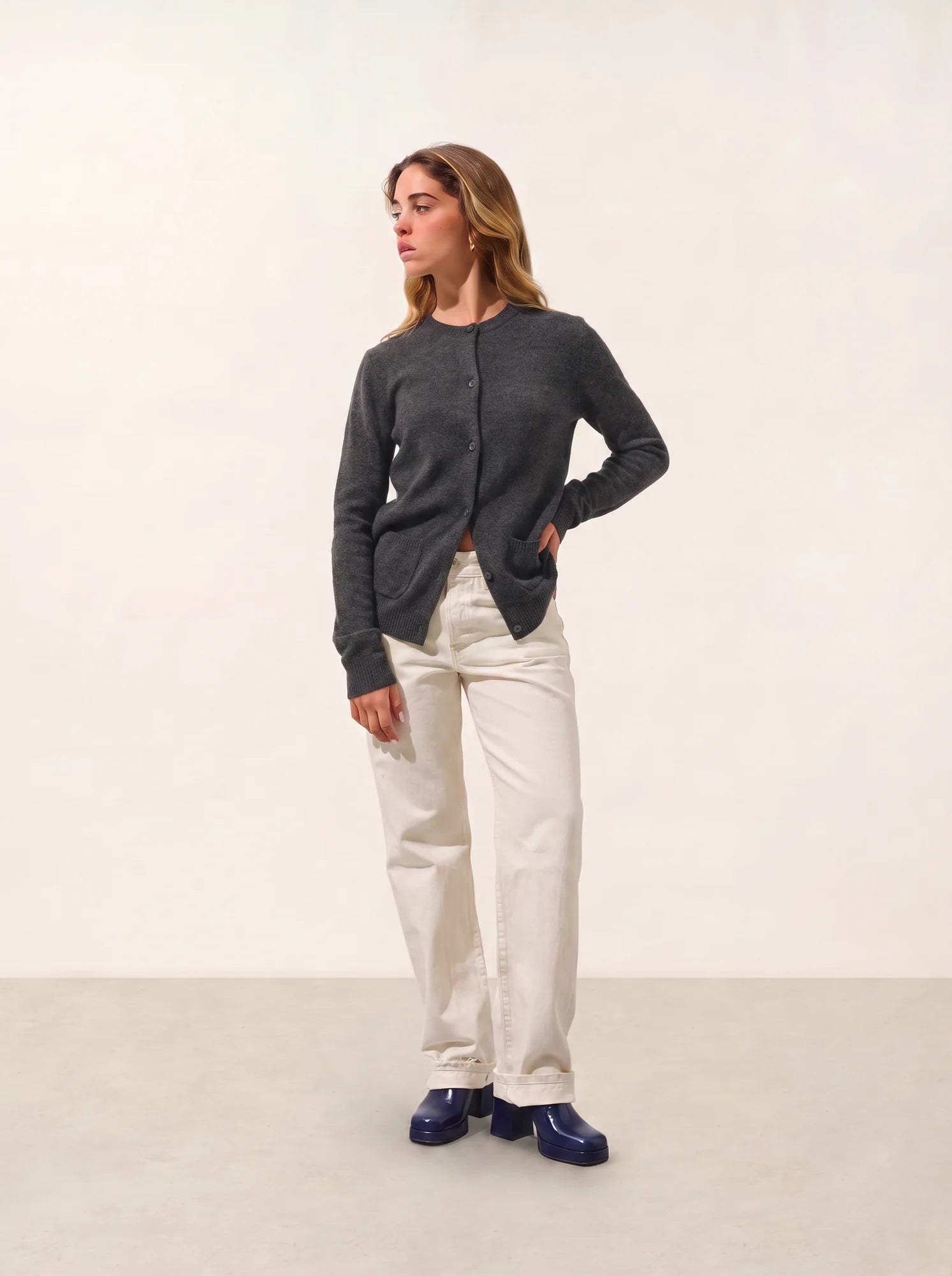 ELISE Cardigan Col Rond 4 Fils Anthracite Chiné
