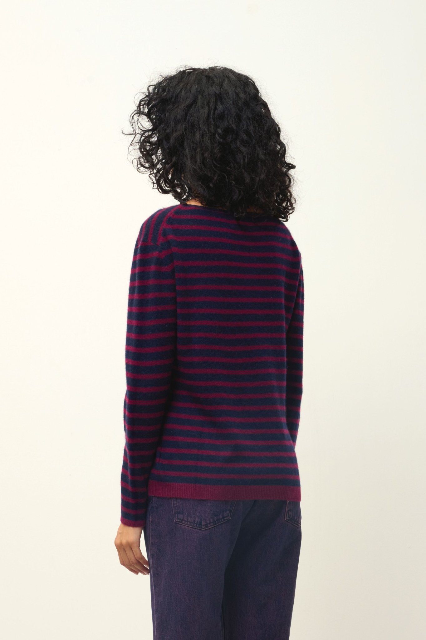 LANFON pull col bateau rayures navy / bordeaux 100% cachemire