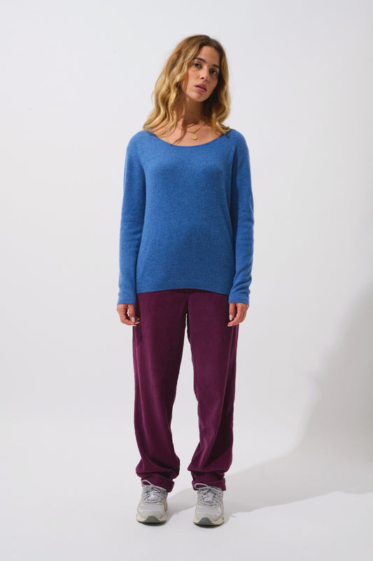 LANFON Pullover mit Bootsausschnitt in Denimblau aus 100% Kaschmir