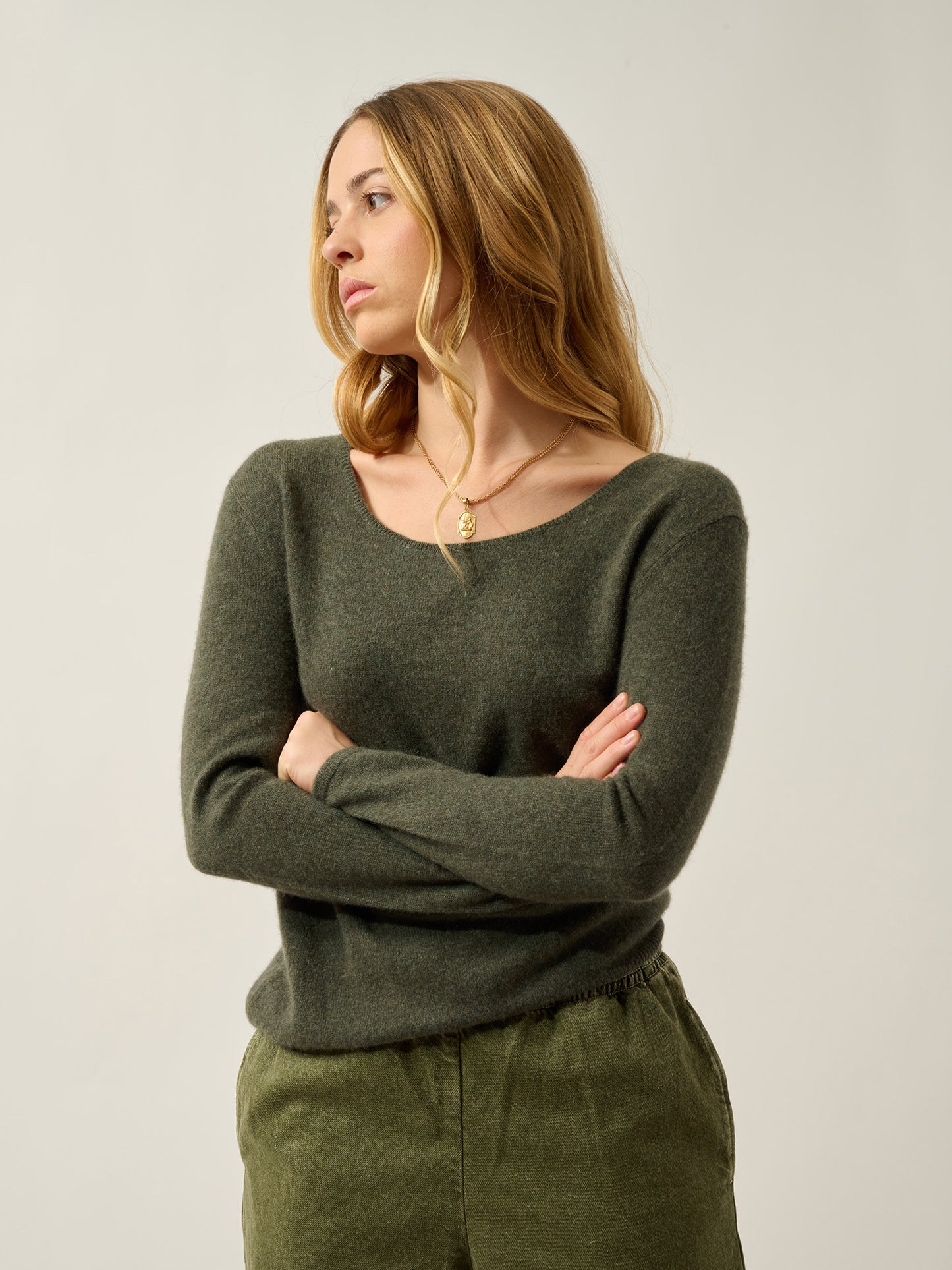 LANFON Pullover mit Bootsausschnitt khaki meliert 100% Kaschmir