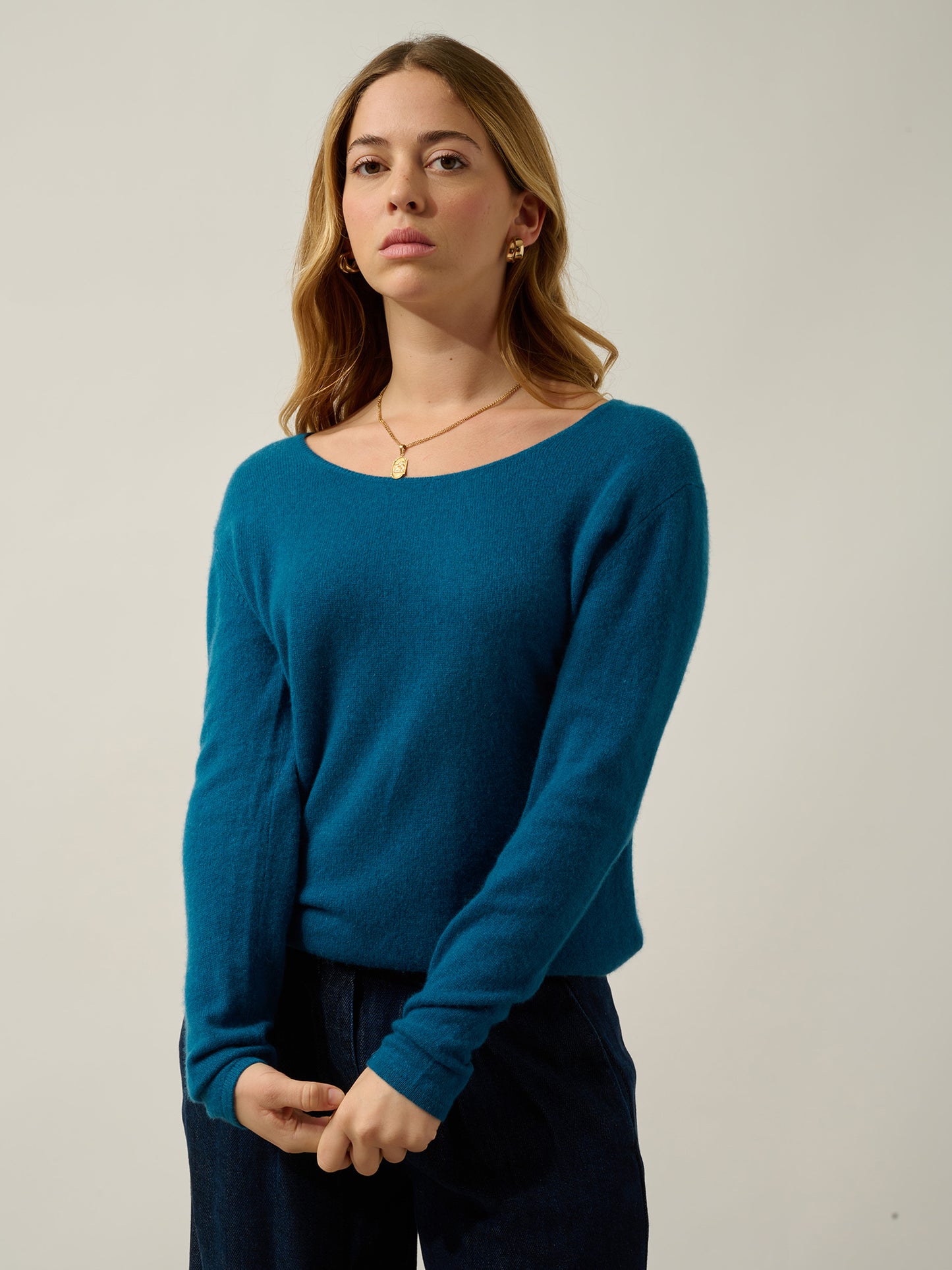 LANFON Pullover mit Bootsausschnitt Pfau 100% Kaschmir