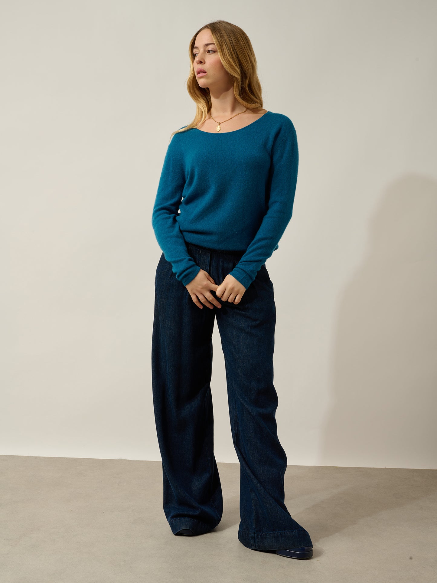 LANFON Pullover mit Bootsausschnitt Pfau 100% Kaschmir