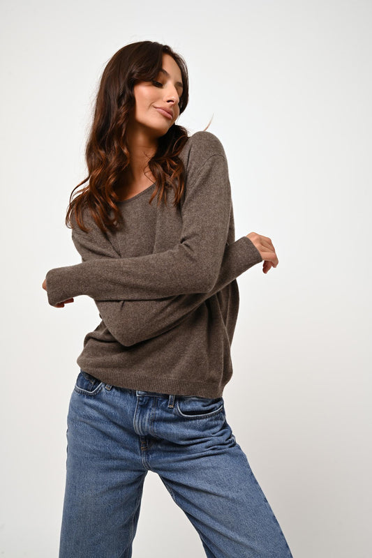 LANFON Pullover mit Bootsausschnitt taupe meliert 100% Kaschmir