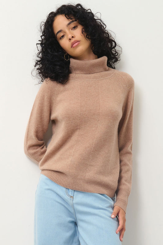 LILLY pull col roulé camel chiné 100% cachemire