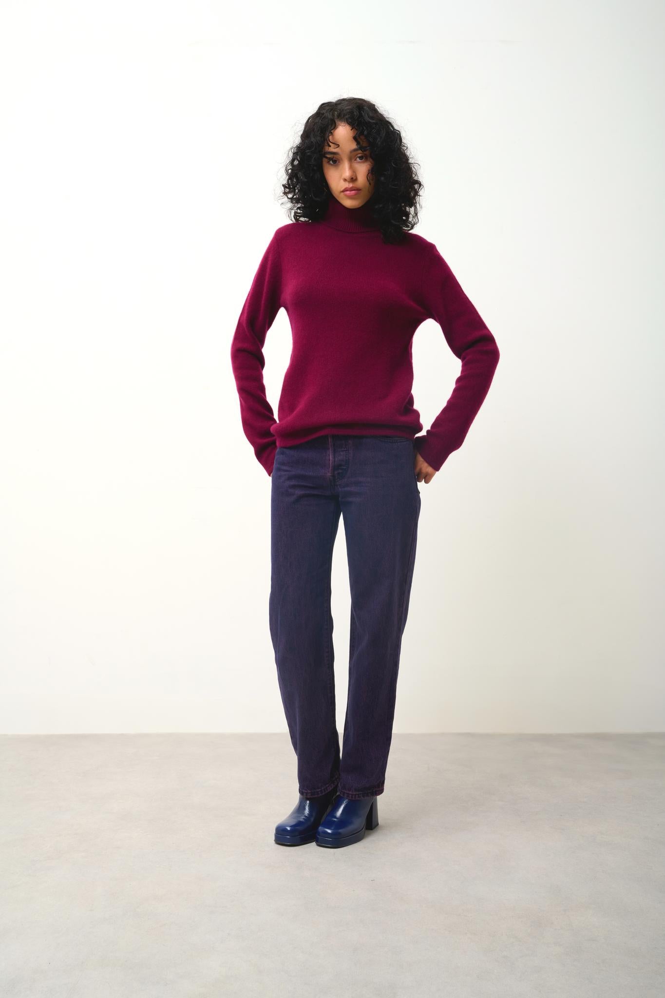 LINDA pull col roulé 4 fils bordeaux 100% cachemire