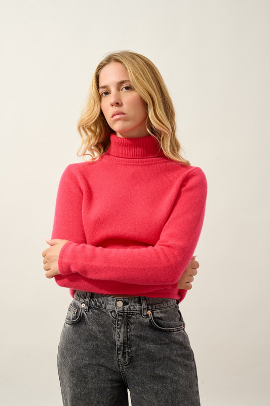 linda pull col roulé 4 fils magenta red 100% cachemire