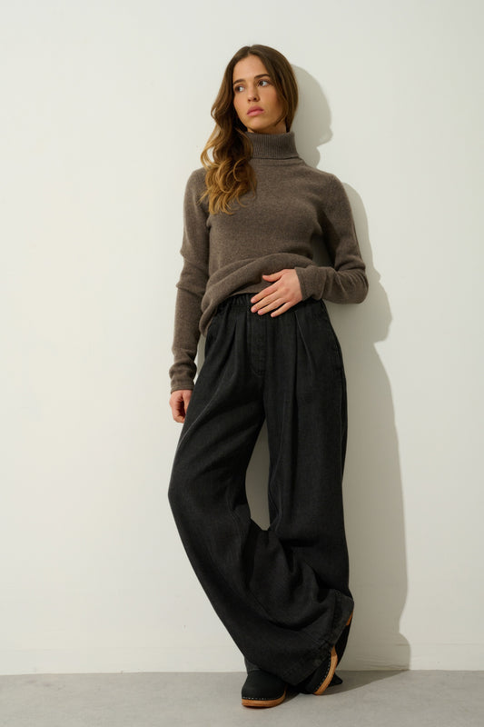 LINDA pull col roulé 4 fils taupe chiné 100% cachemire