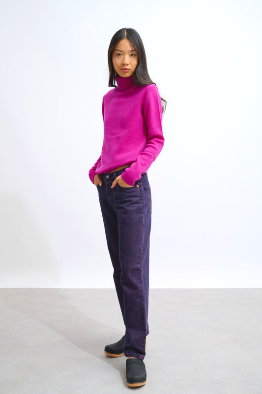 linda pull col roulé 4 fils violine 100% cachemire