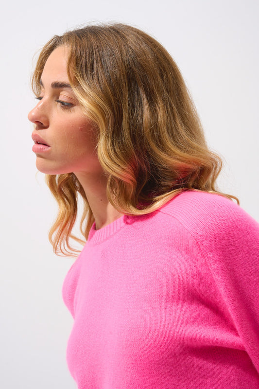 lorena pull col rond 4 fils rose fluo 100% cachemire