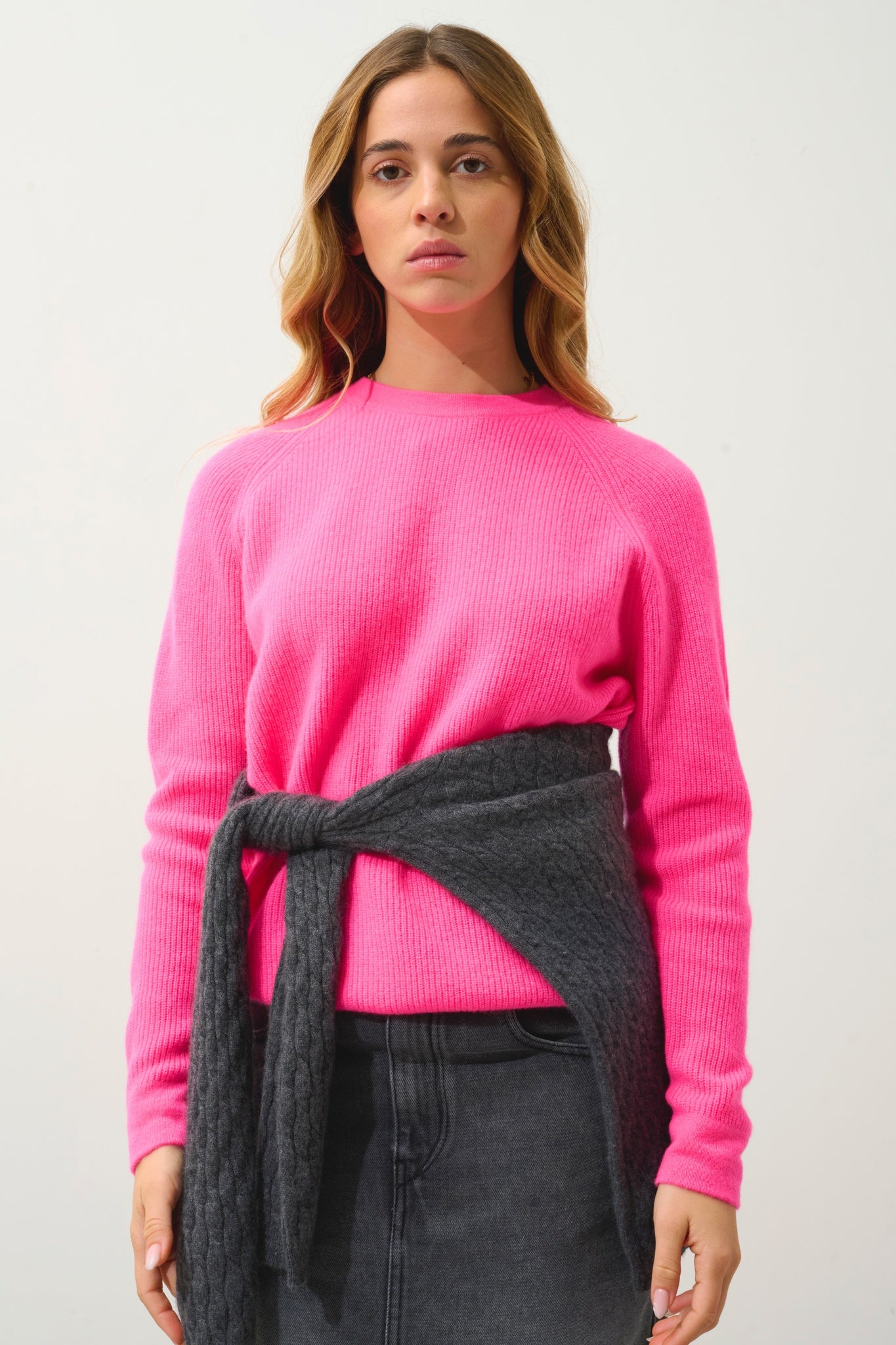 LUNÉA pull col rond rose fluo 100% cachemire