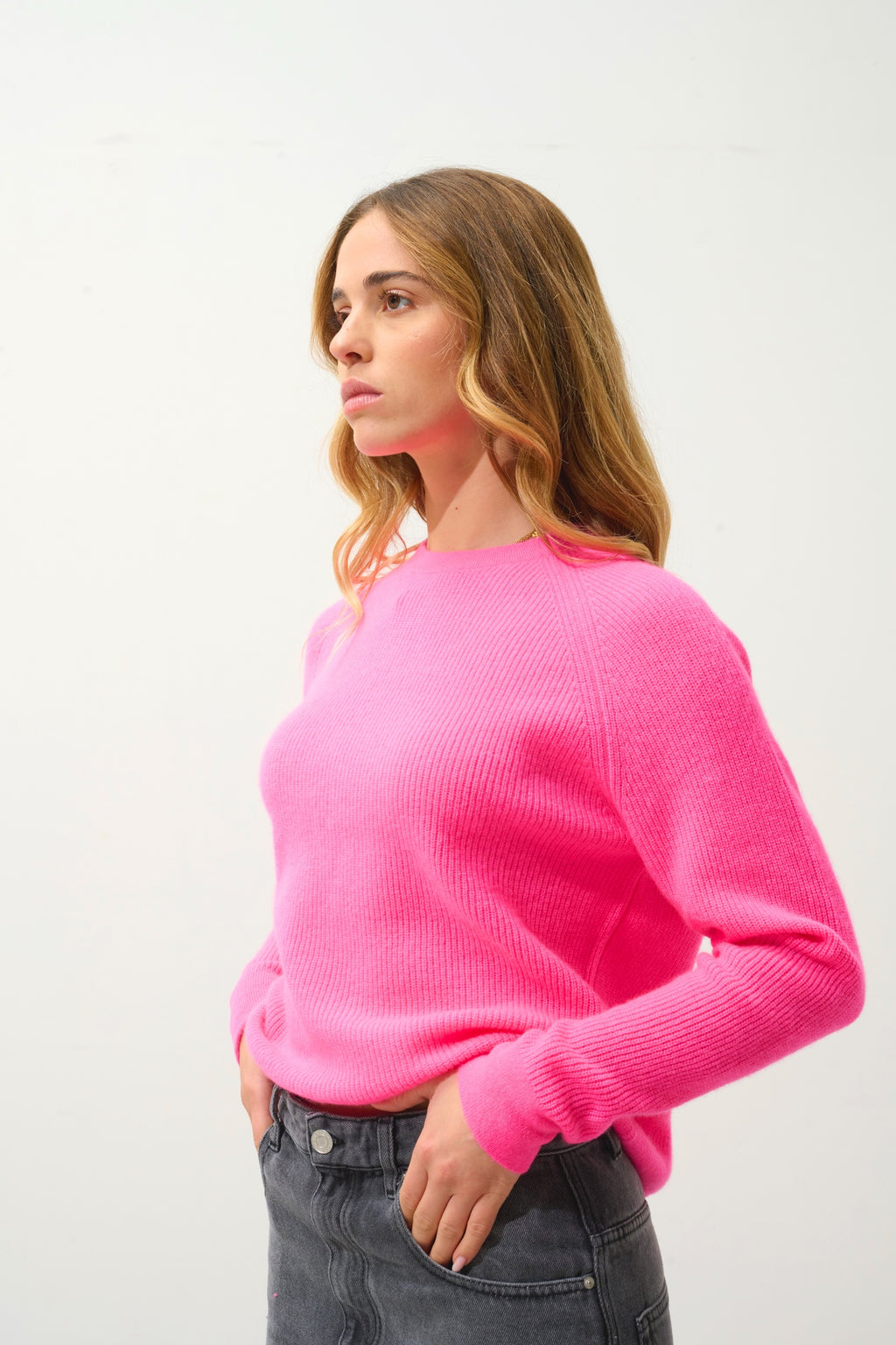 LUNÉA pull col rond rose fluo 100% cachemire