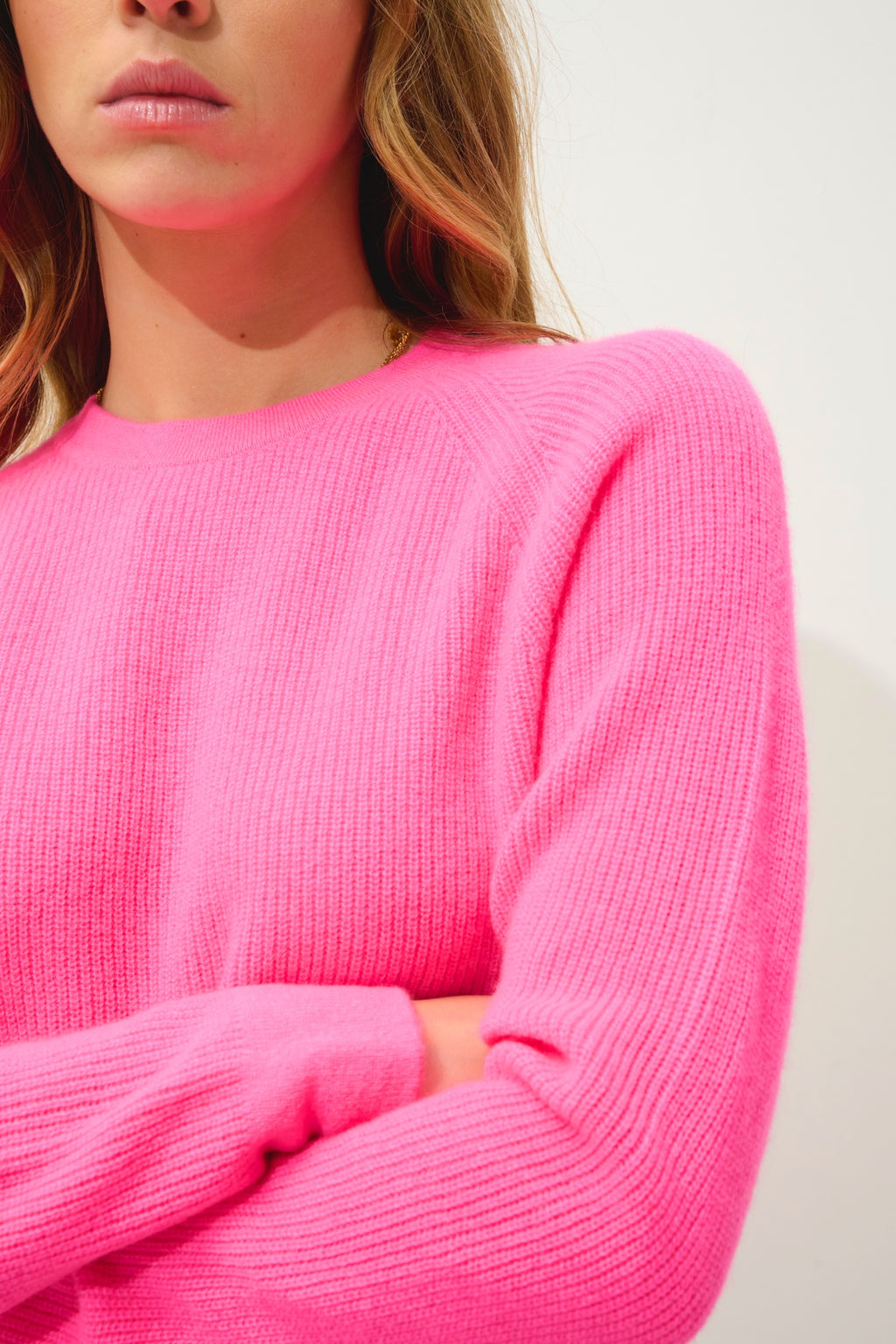 LUNÉA pull col rond rose fluo 100% cachemire