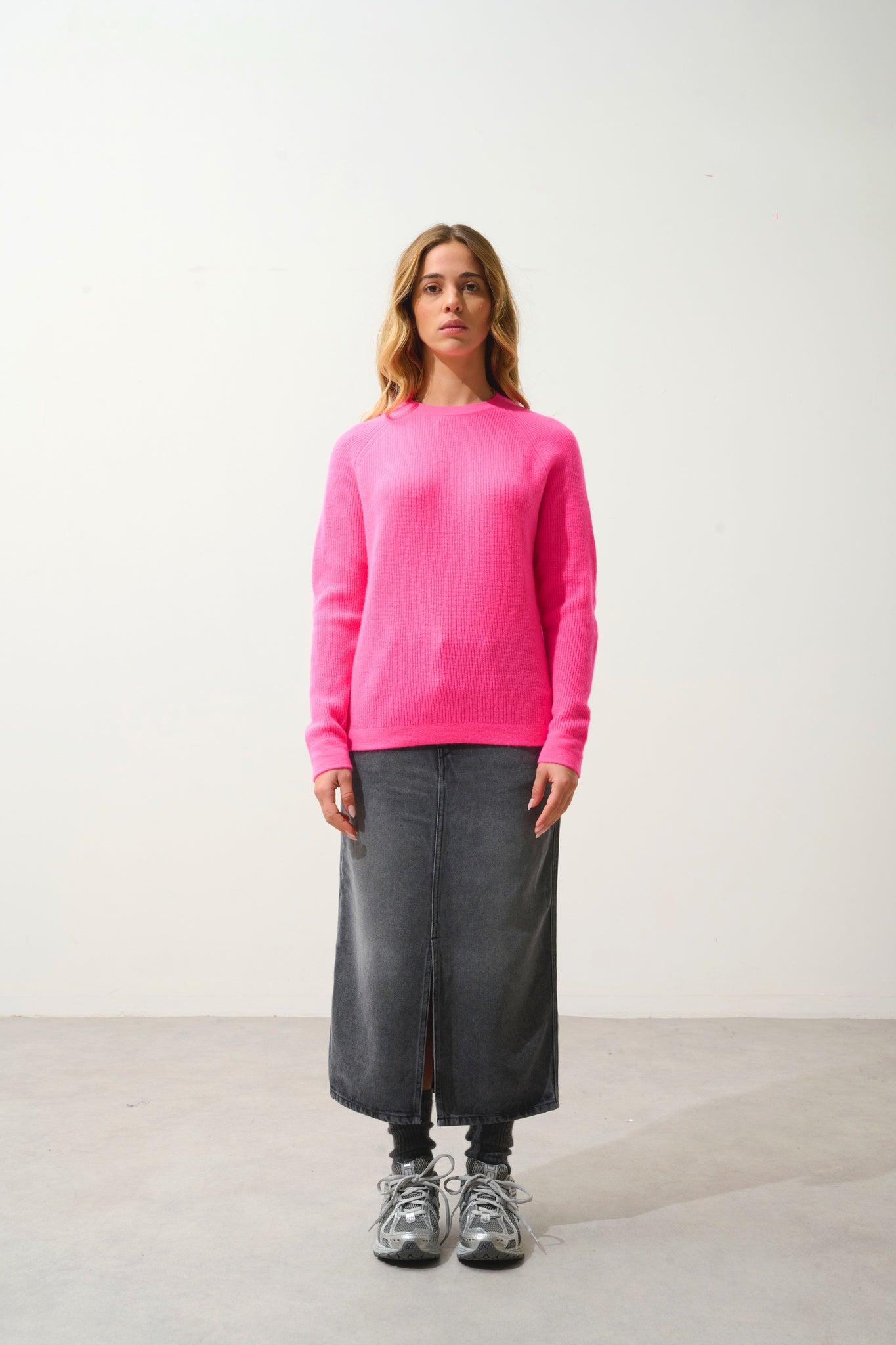 LUNÉA pull col rond rose fluo 100% cachemire