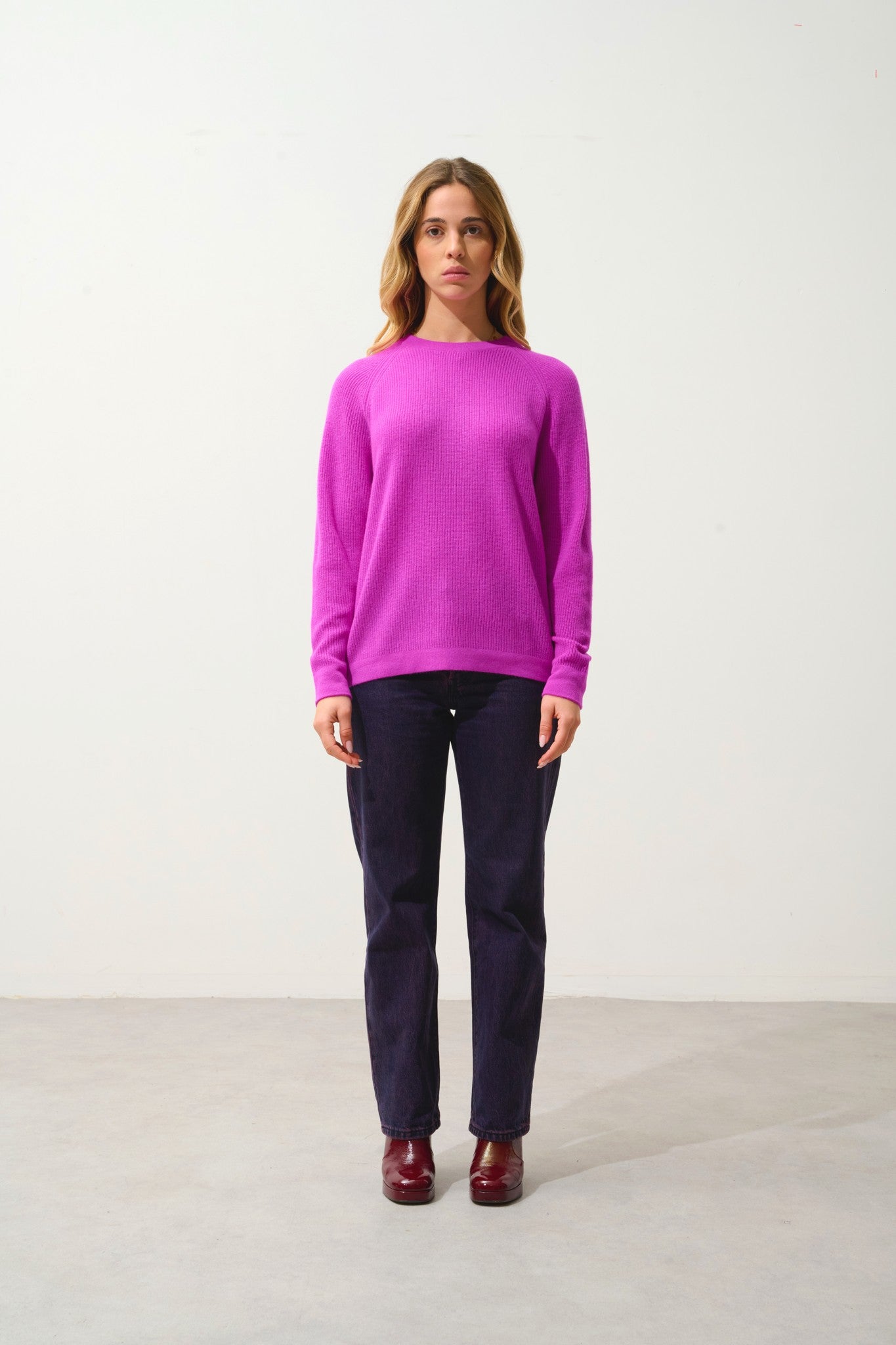 lunéa pull col rond violet fluo 100% cachemire
