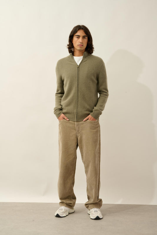 LYNA gilet zippé col camionneur 4 fils army 100% cachemire