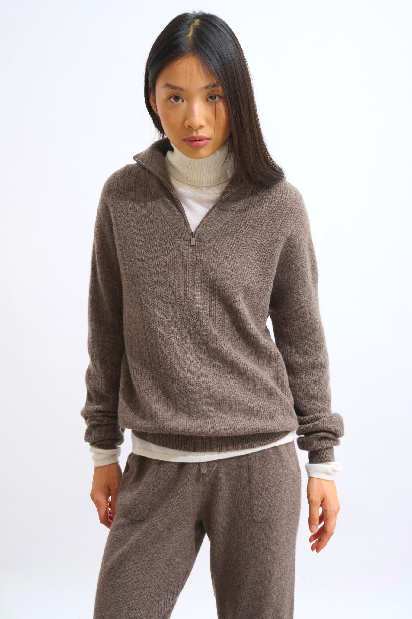 MARIE Trucker Pullover taupe meliert 100% Kaschmir