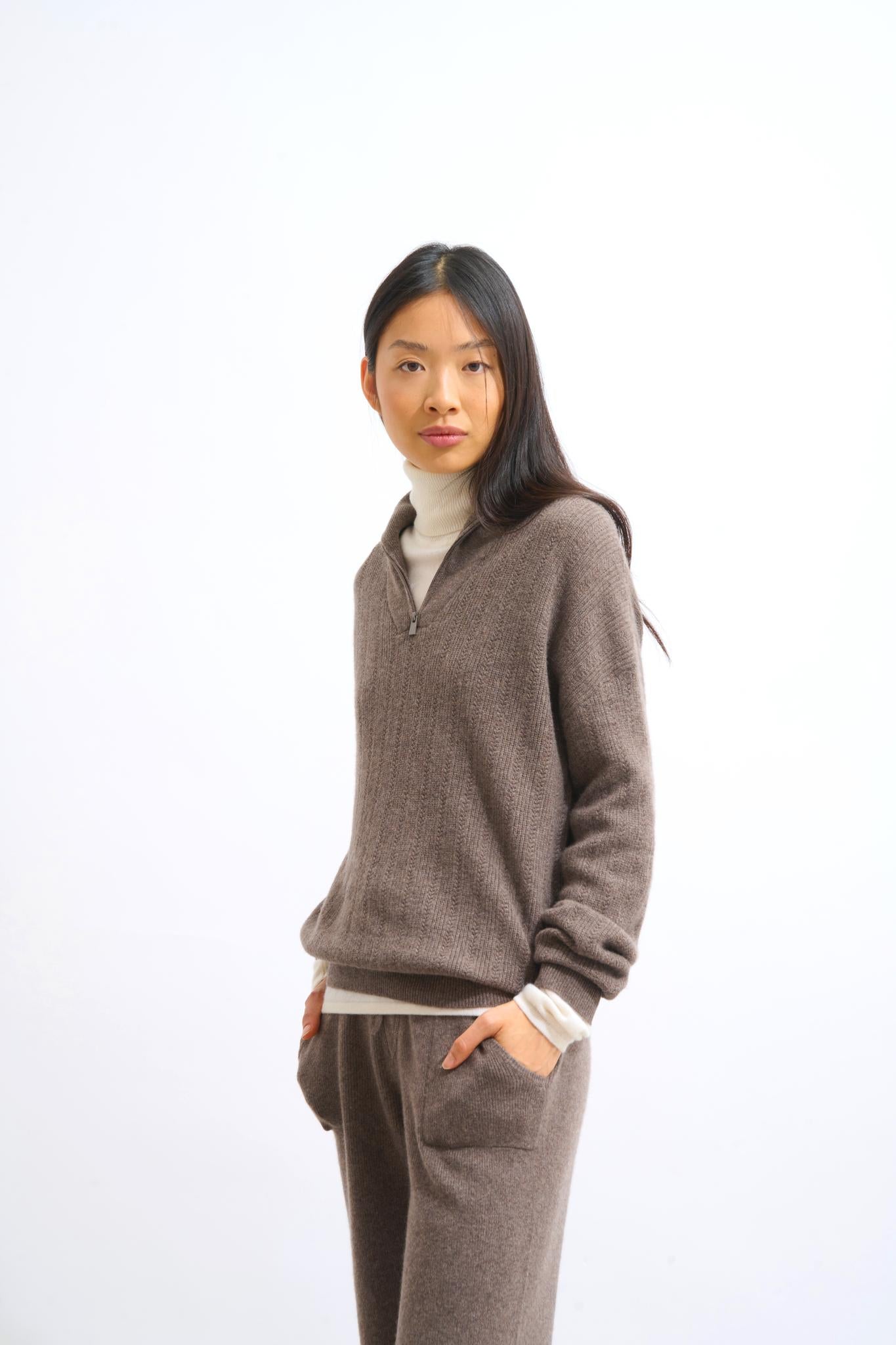 MARIE Trucker Pullover taupe meliert 100% Kaschmir