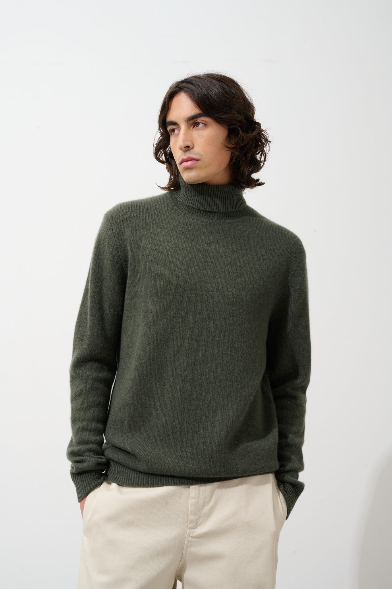 MARTIN 4-thread khaki turtleneck sweater 100% cashmere