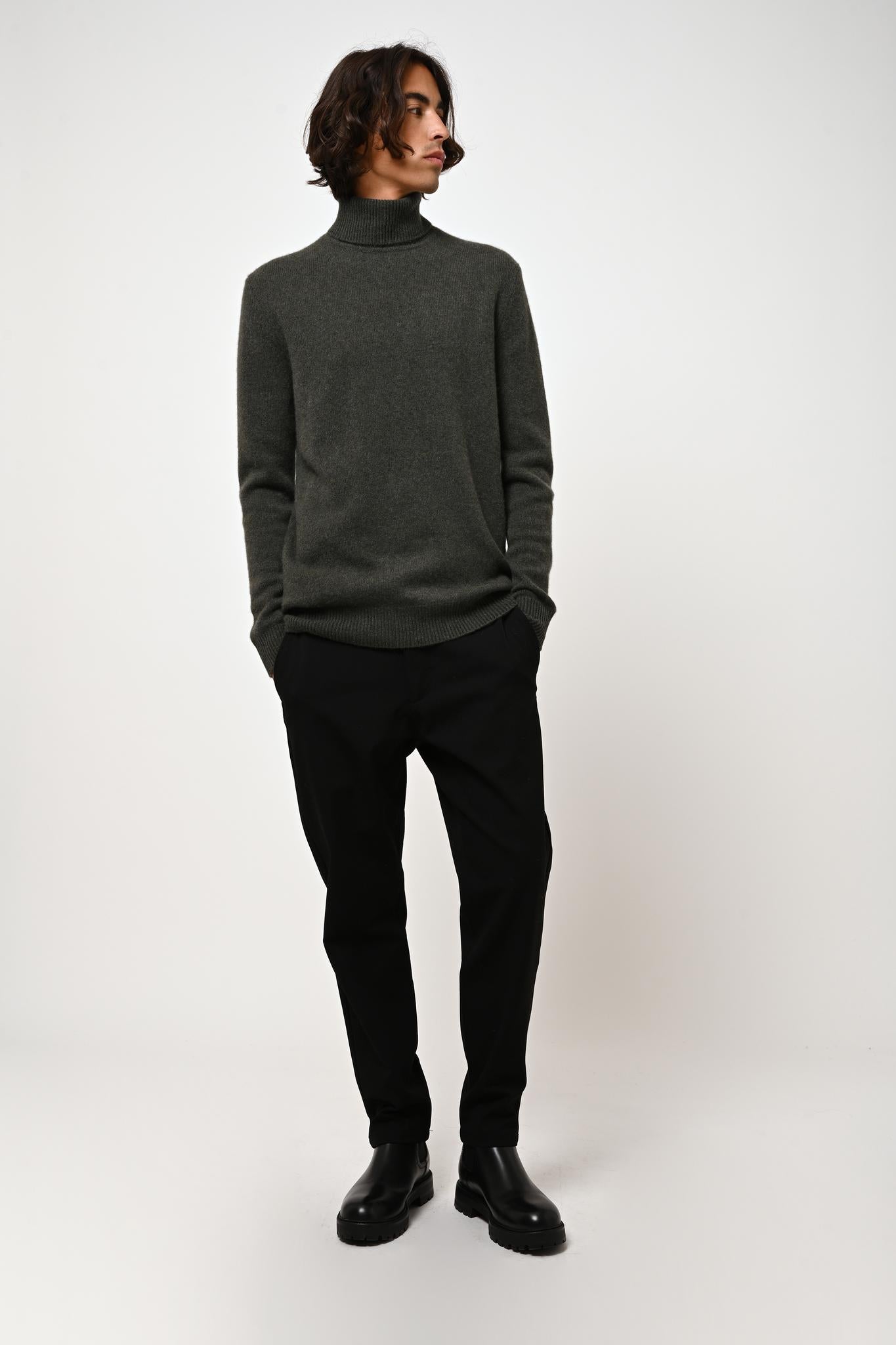 MARTIN 4-thread khaki mottled turtleneck sweater 100% cashmere