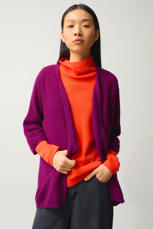 MENDIP open-front cardigan with V-neck and 3/4-length sleeves, plum, 100% cashmere
