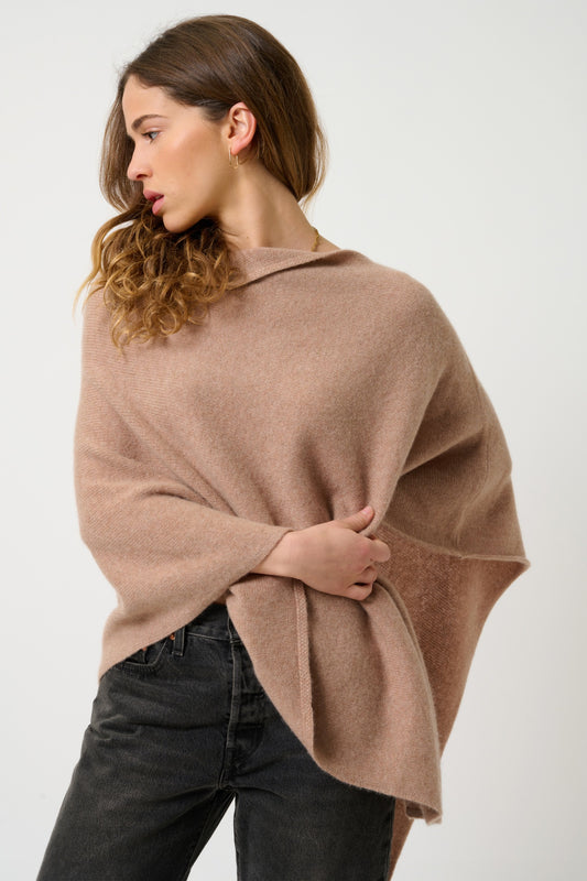 MERYL poncho 4 fils camel chiné 100% cachemire
