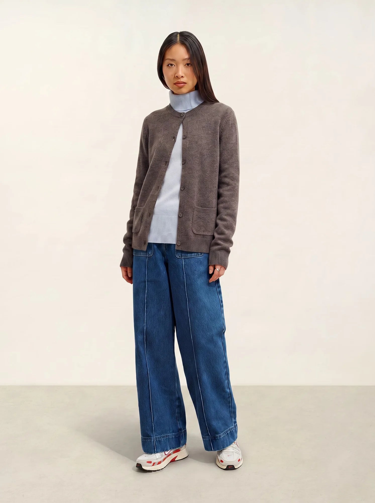 ELISE Cardigan Col Rond 4 Fils Taupe Chiné