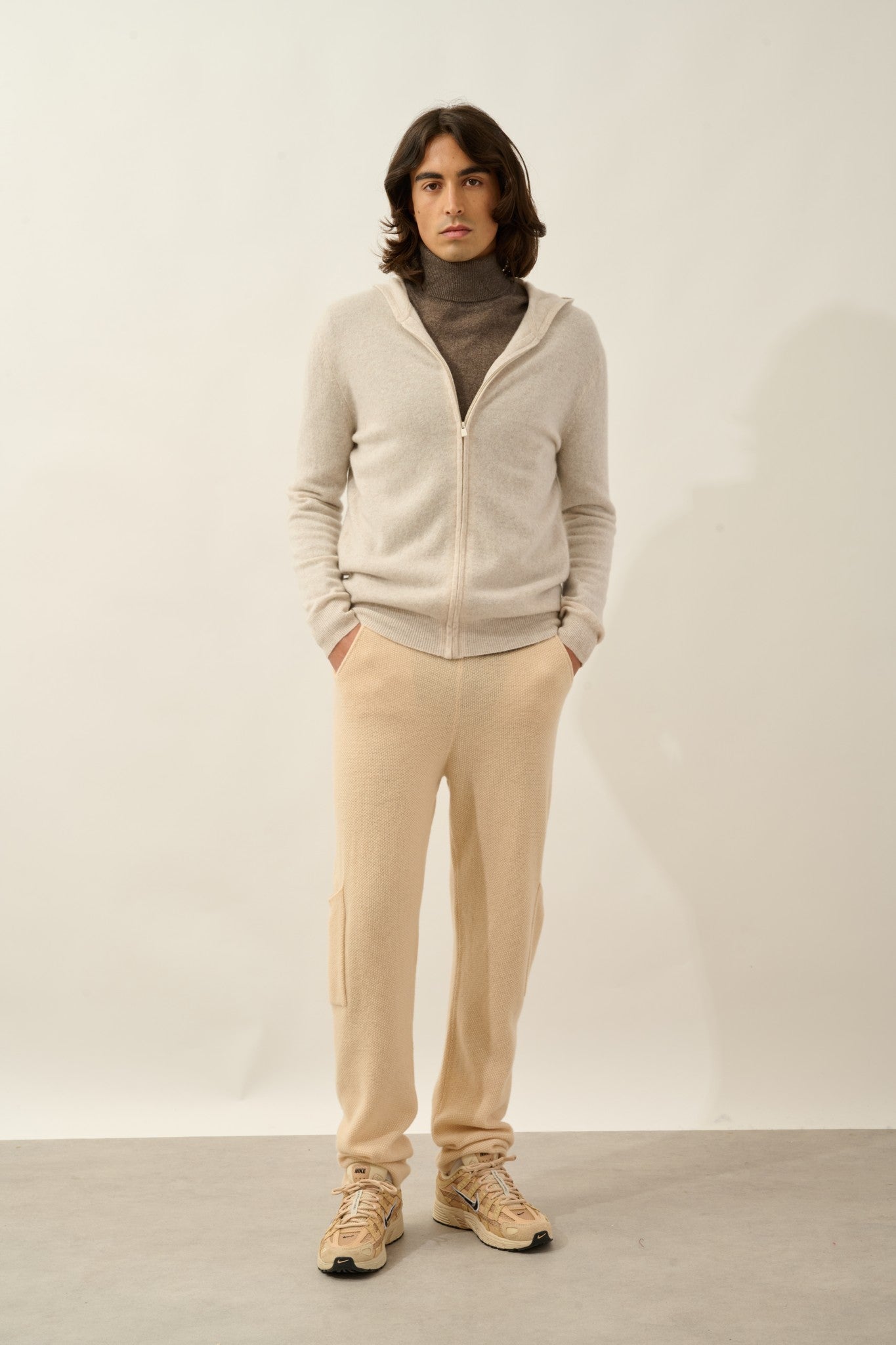 neurre gilet zippé capuche beige chiné 100% cachemire