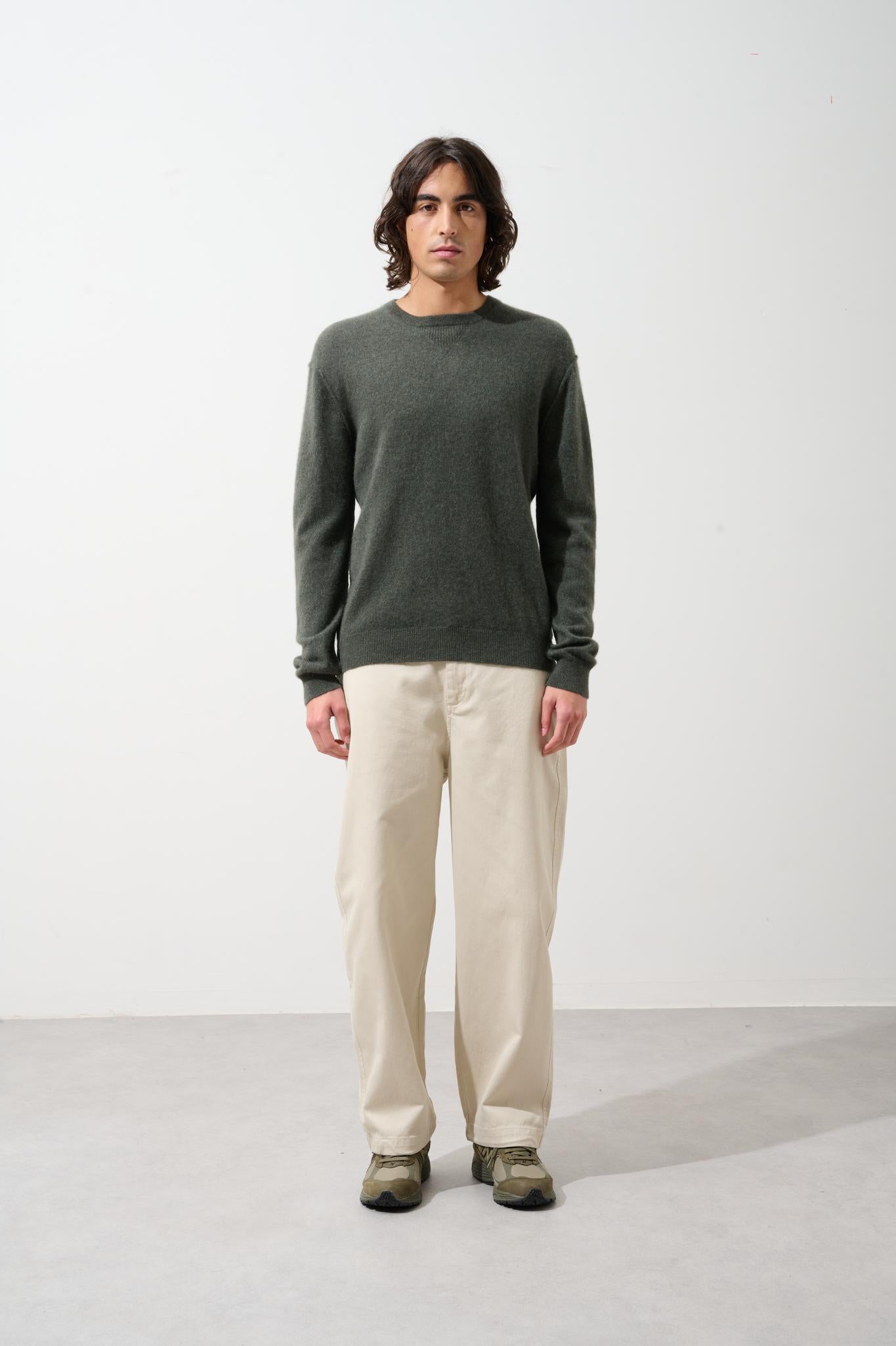 NOLAN pull col rond kaki chiné 100% cachemire