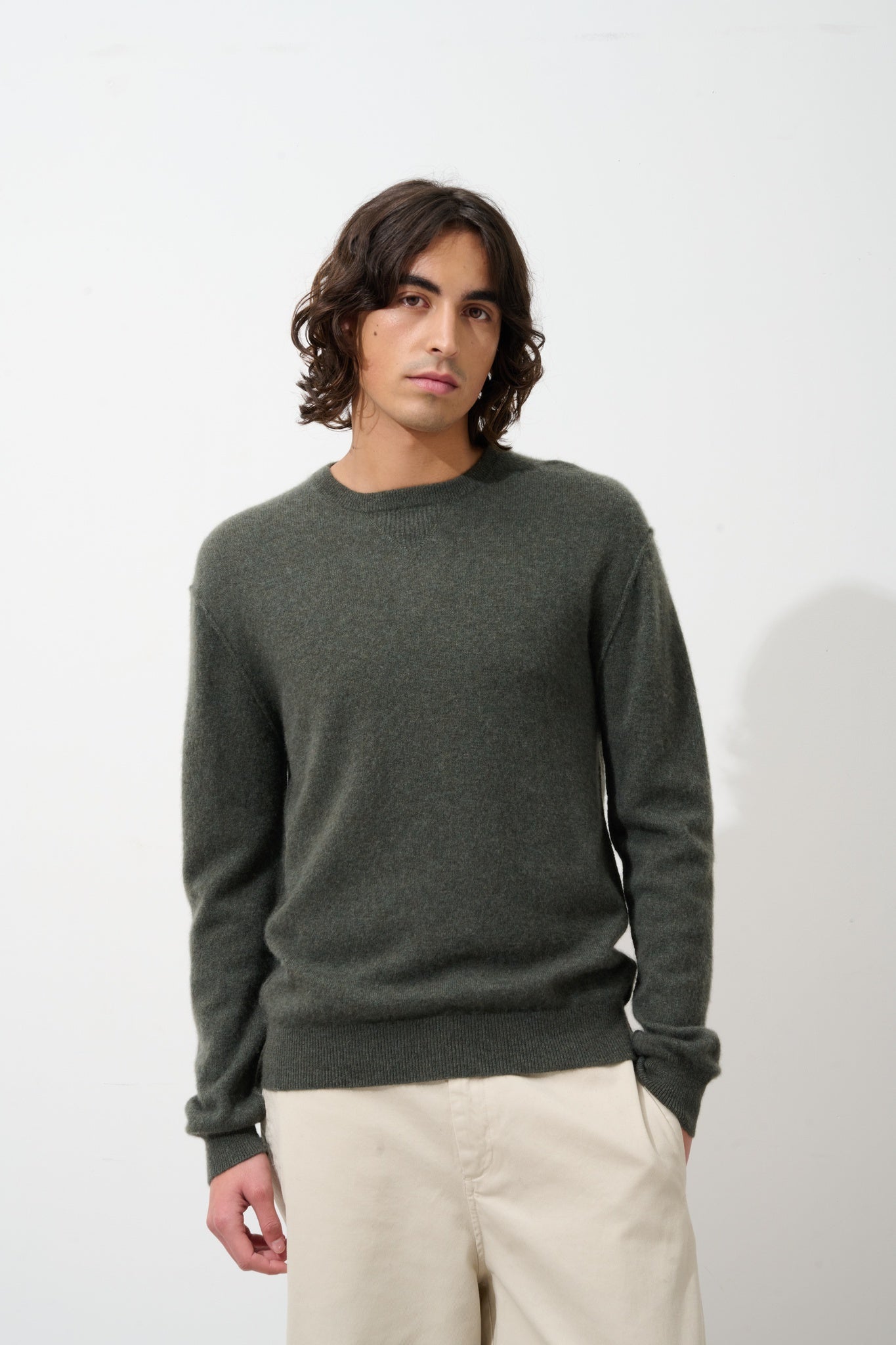 NOLAN pull col rond kaki chiné 100% cachemire