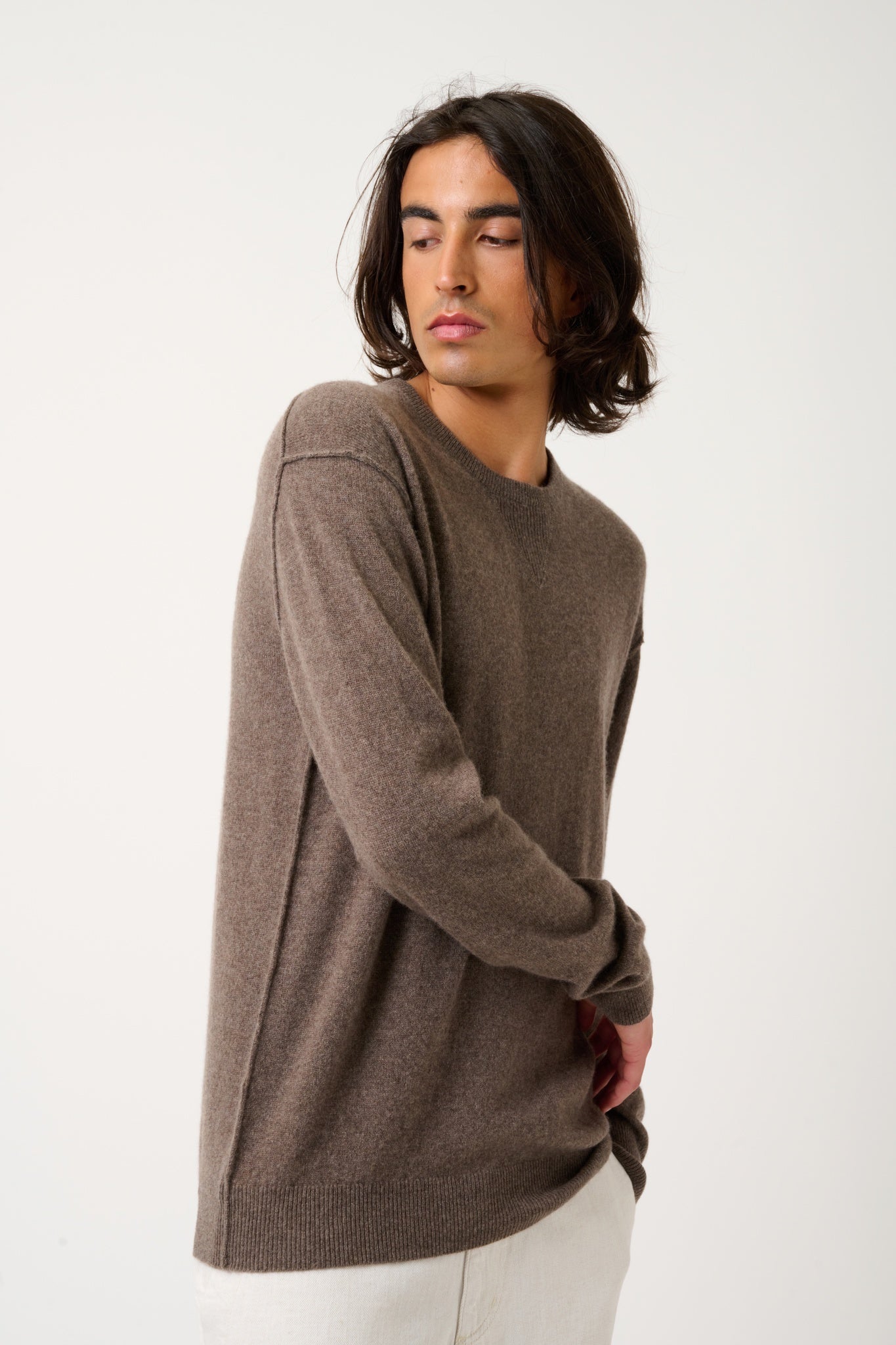 NOLAN taupe mottled round-neck sweater 100% cashmere