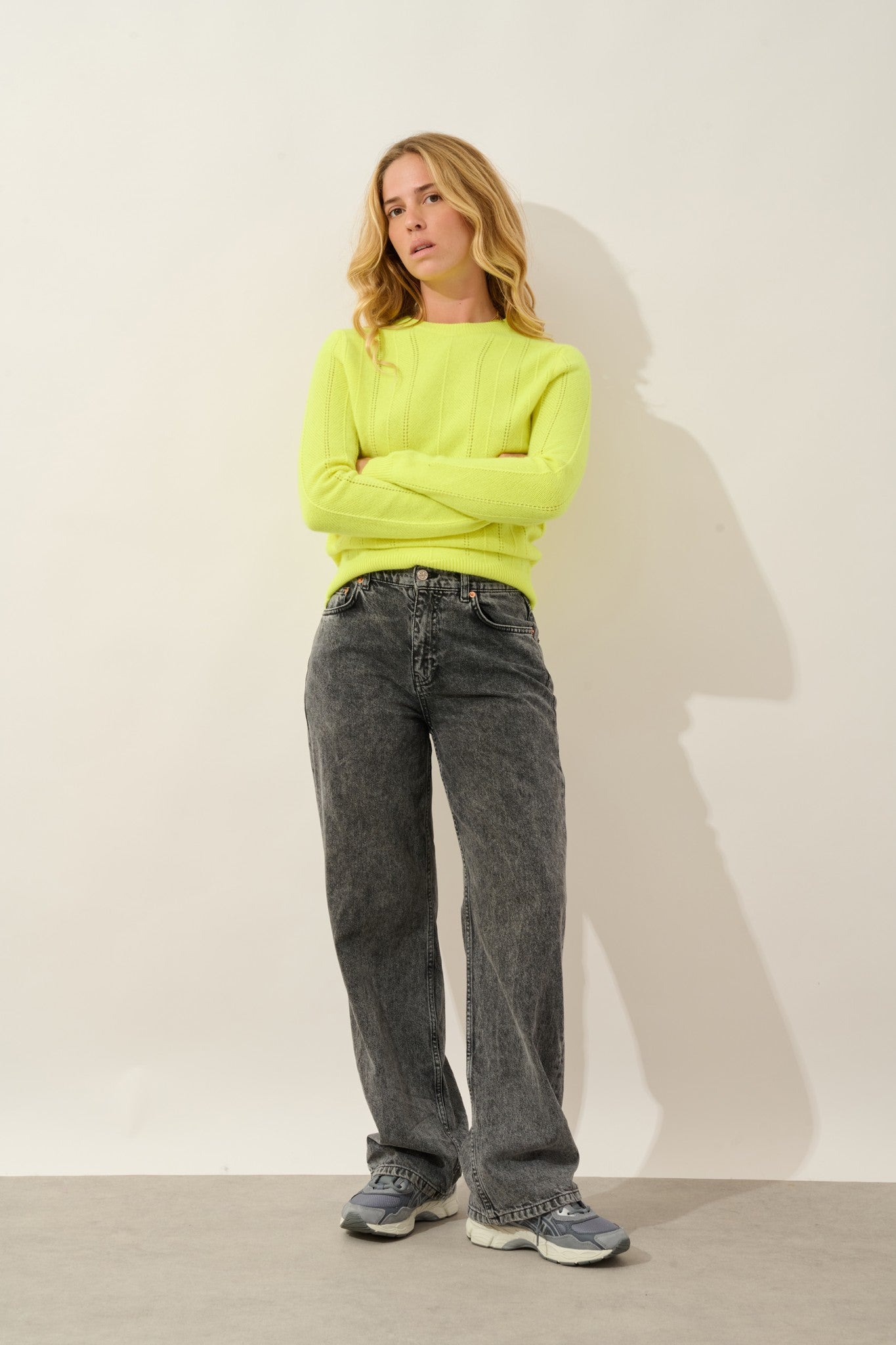 orynel pull col rond 4 fils jaune fluo 100% cachemire