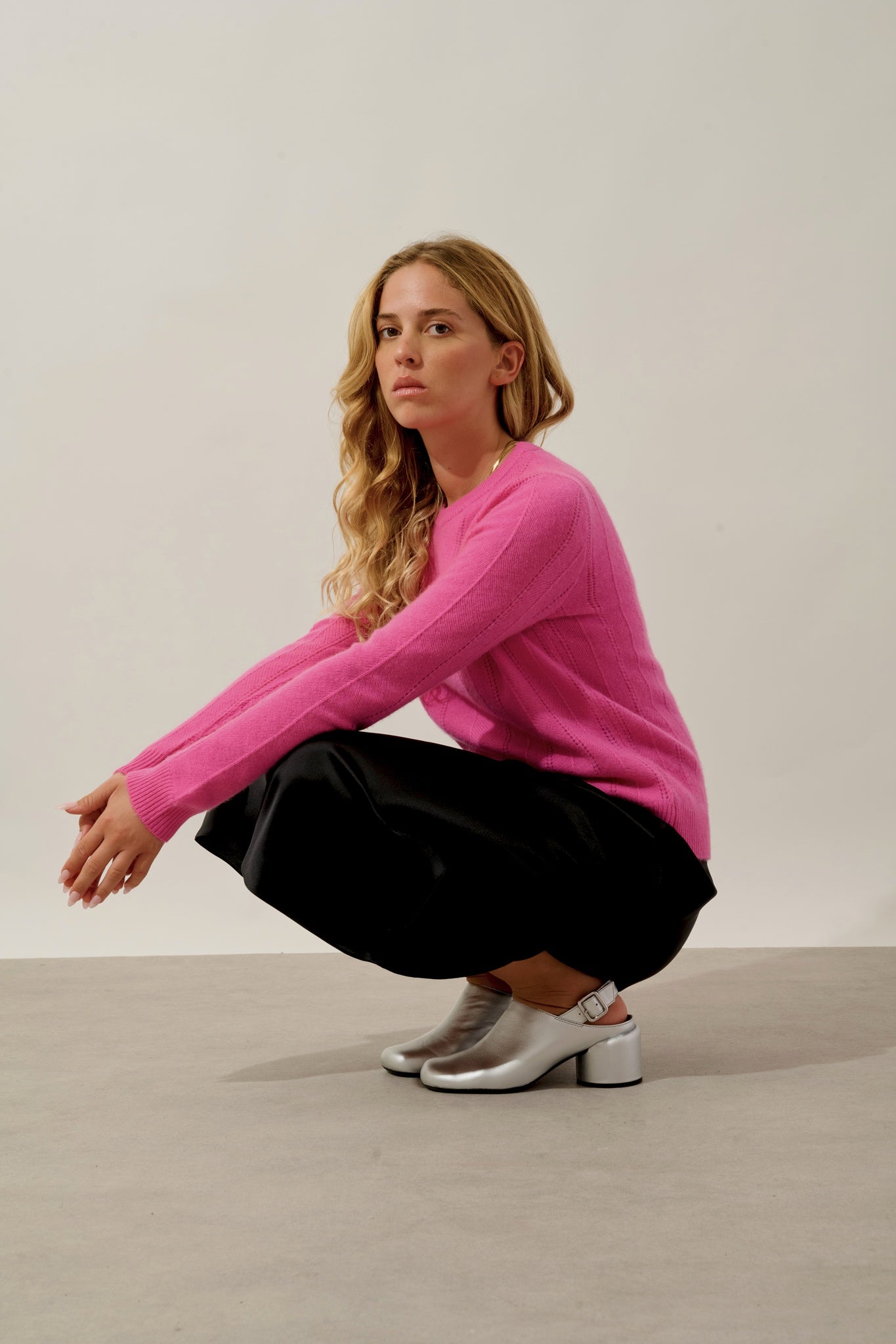 ORYNEL pull col rond 4 fils rose 100% cachemire