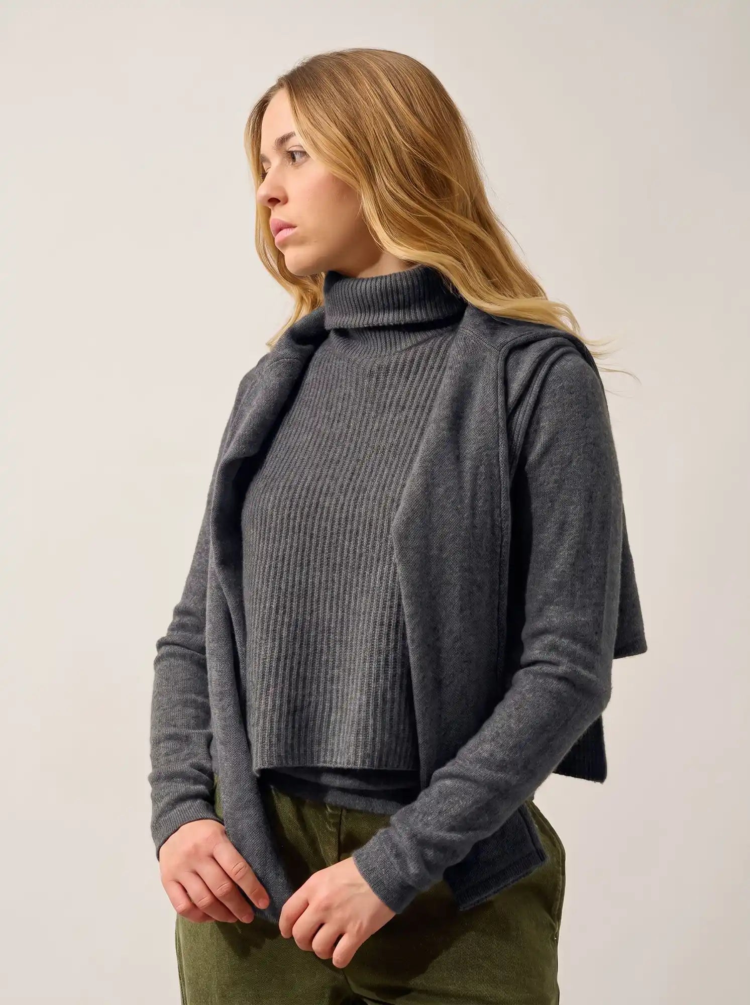 SIV Poncho Ouvert Col Roulé 4 Fils Anthracite Chiné