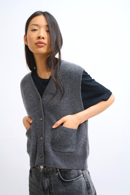 rosavia cardigan col v sans manches 4 fils anthracite chiné 100% cachemire