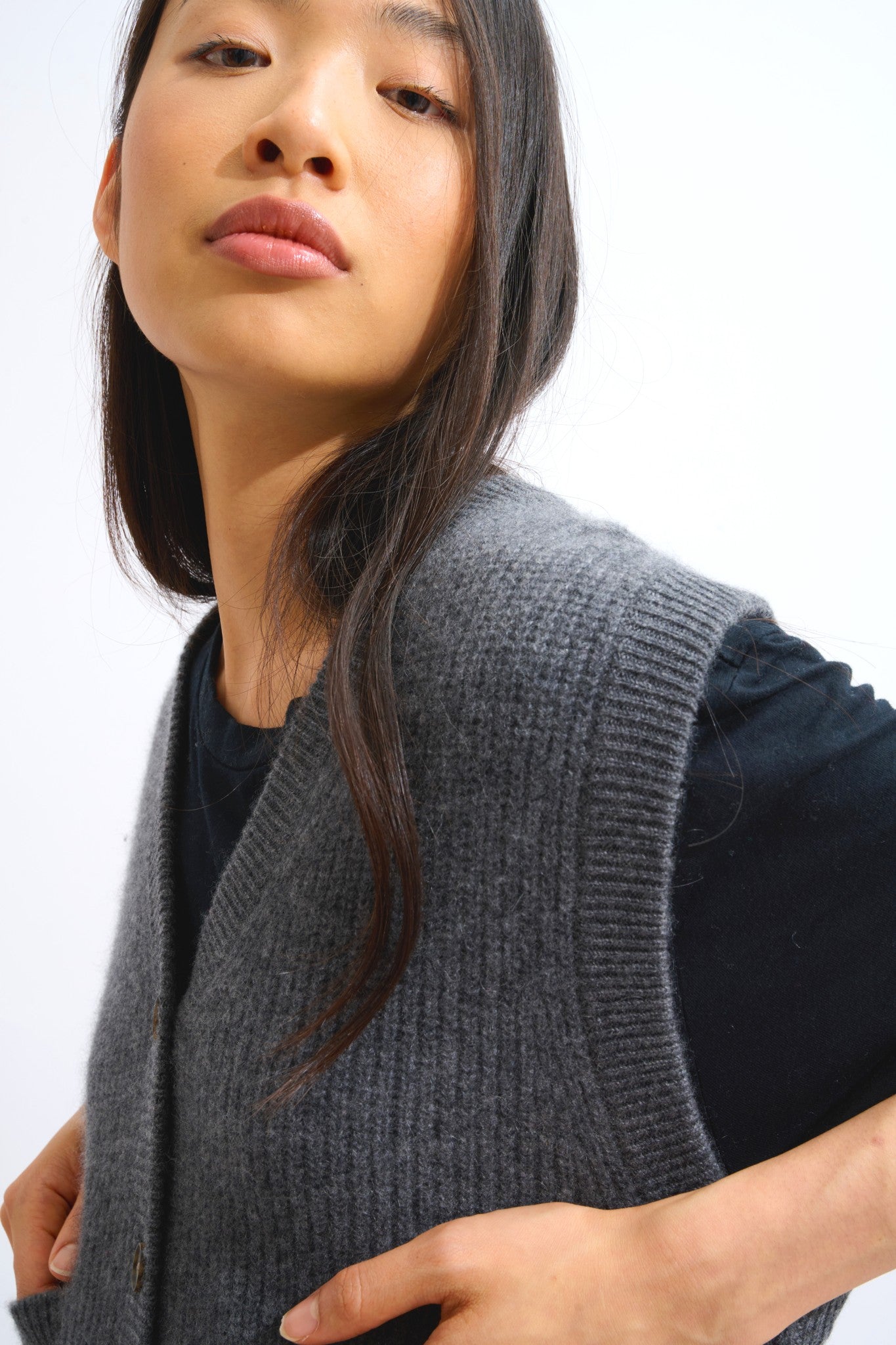 rosavia cardigan col v sans manches 4 fils anthracite chiné 100% cachemire