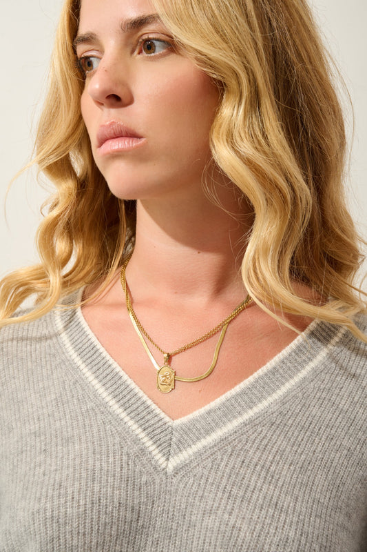 sabine pull col v bi-color nuage chiné_ivoire 100% cachemire