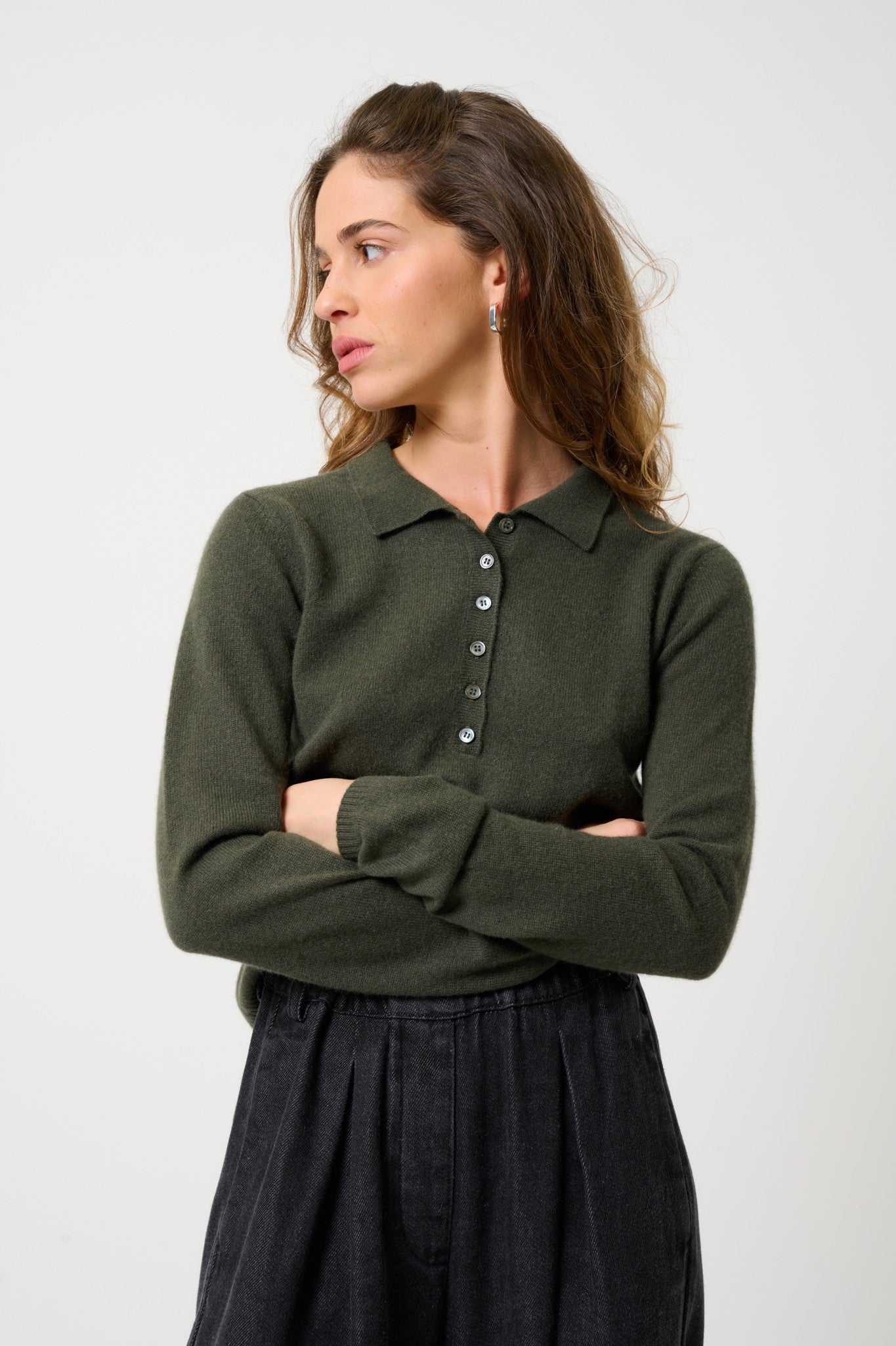 slieve polo manches longues kaki 100% cachemire