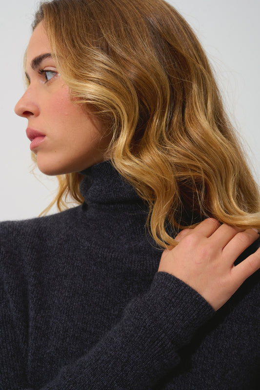 SUZIE pull col roulé noir chiné 100% cachemire