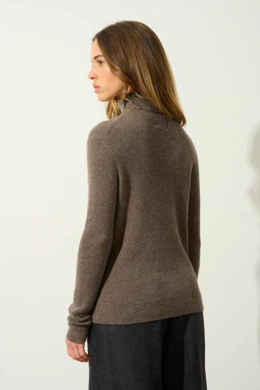 SUZIE pull col roulé taupe chiné 100% cachemire