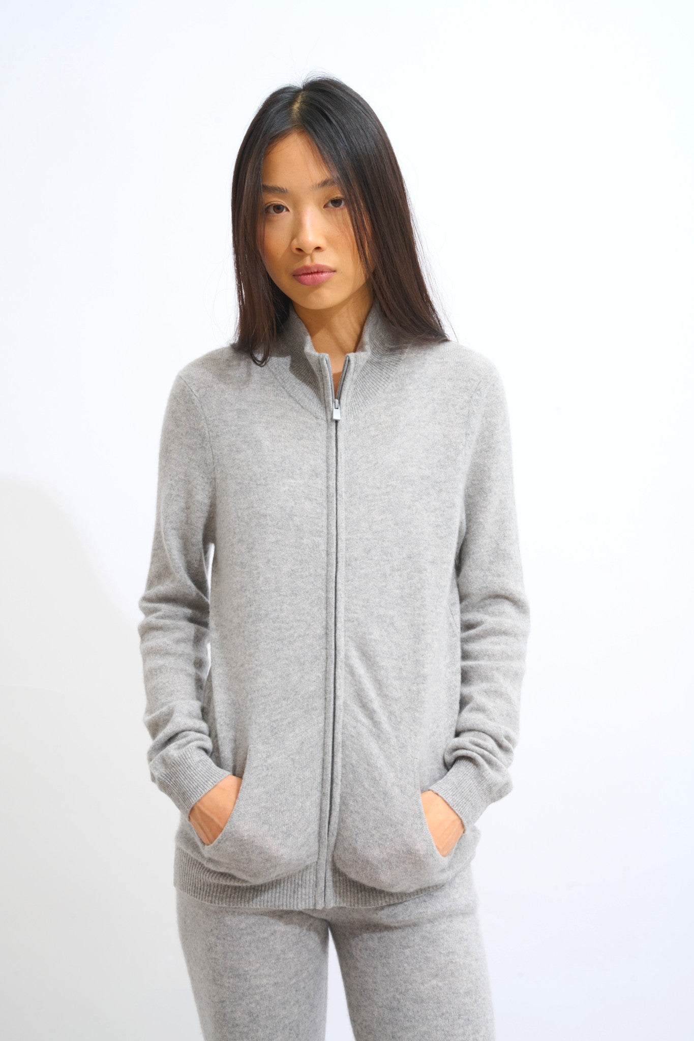 thalun gilet zippé col montant nuage chiné 100% cachemire