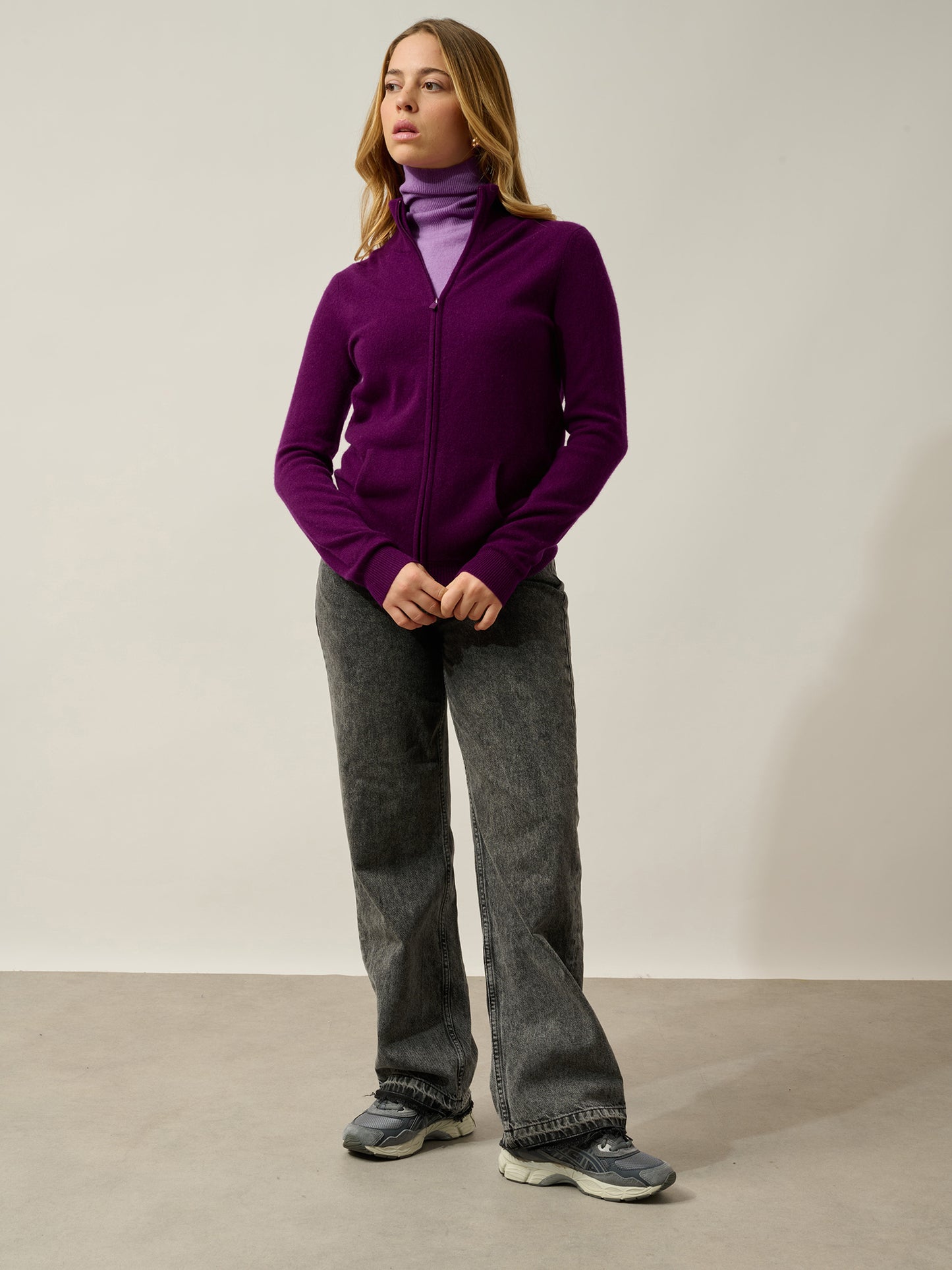 THALUN gilet zippé col montant prune 100% cachemire