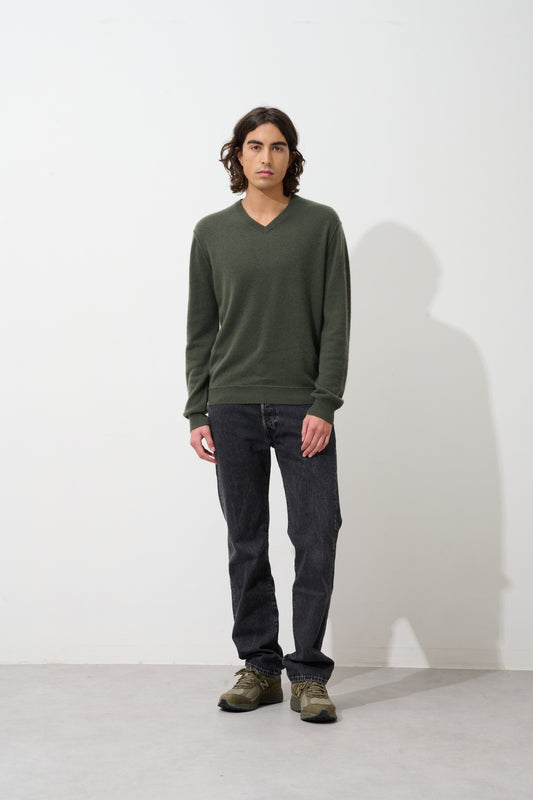 TIMEO pull col v kaki 100% cachemire